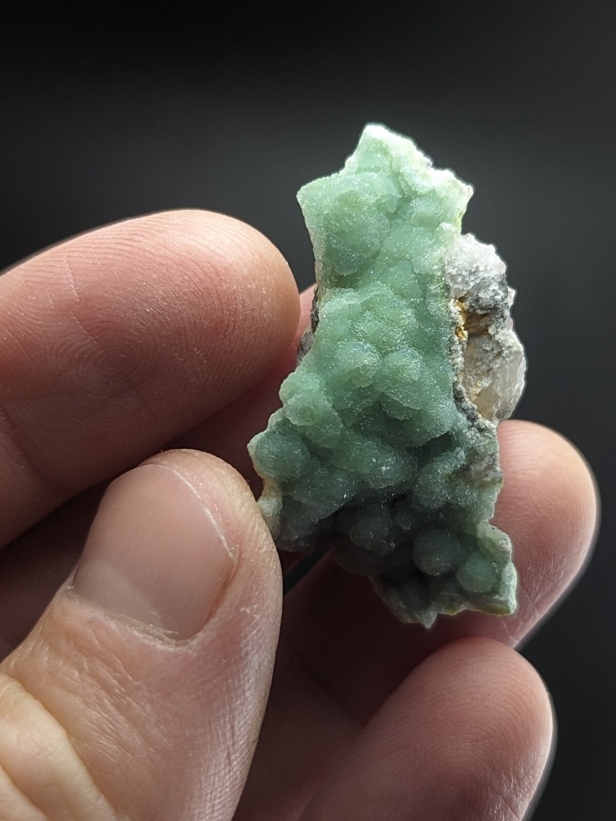 A delicate, light green mineral specimen with a textured, bumpy surface and subtle crystalline formations.