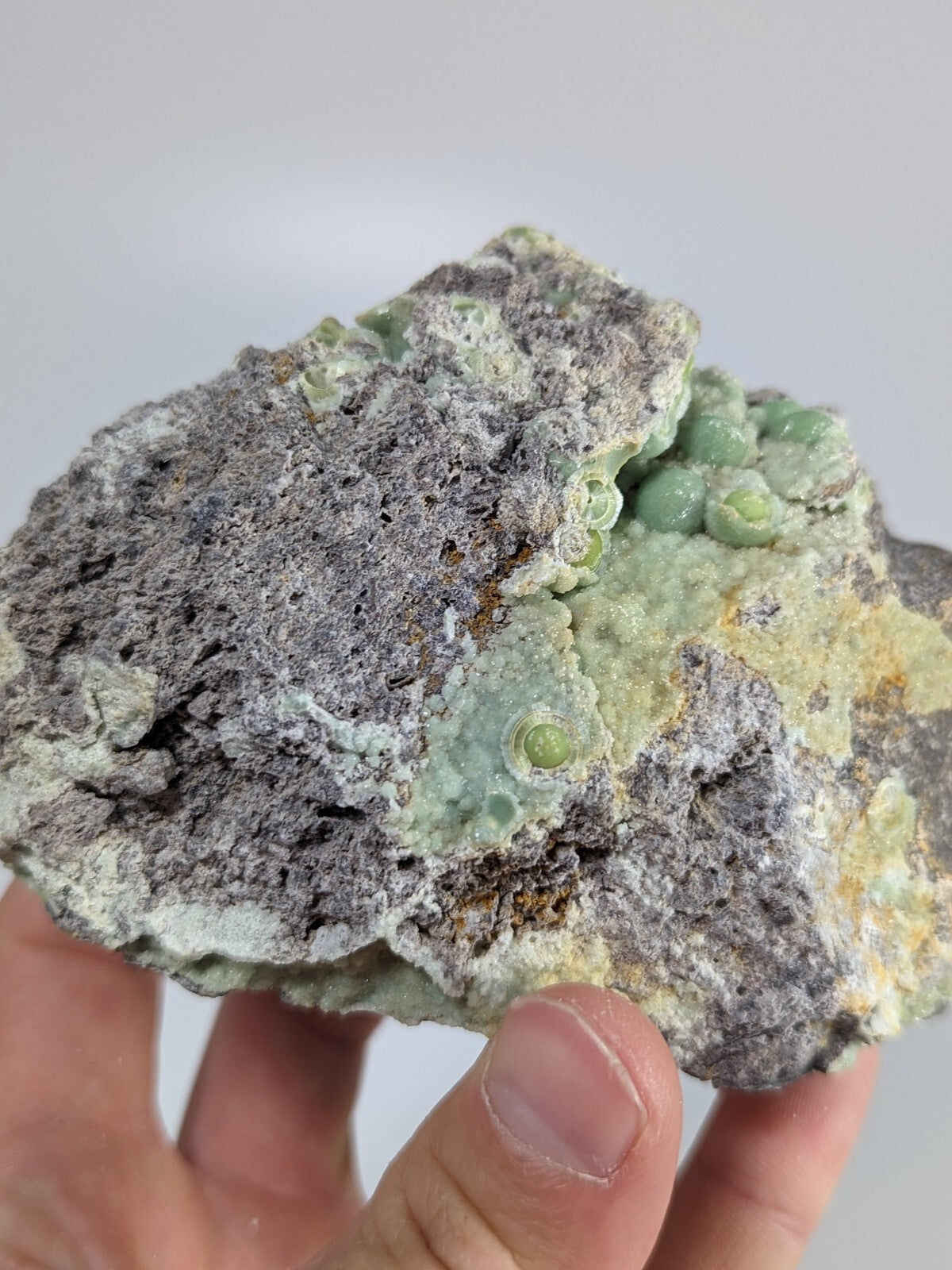 A rough, grayish rock specimen featuring clusters of light green, spherical mineral formations.