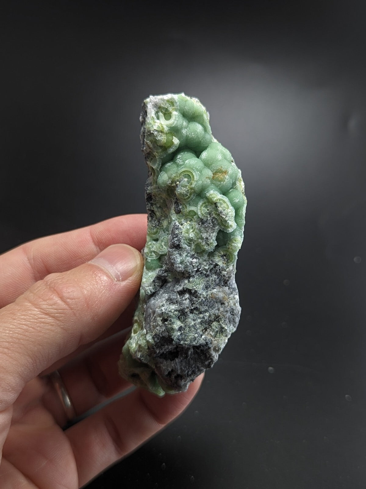 A hand holds a green, textured mineral specimen with intricate, bubble-like formations and dark gray matrix.