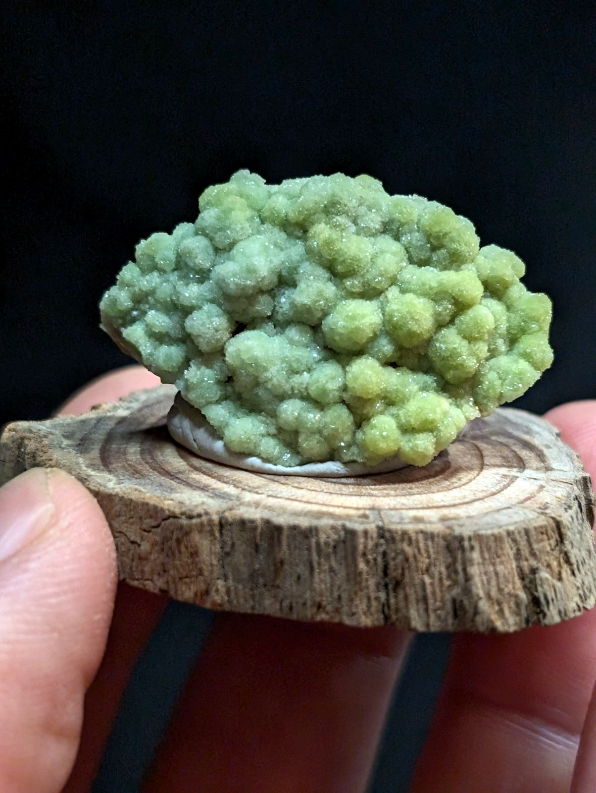 A vibrant green, crystalline mineral specimen with a textured, bumpy surface rests on a rustic wooden slice.