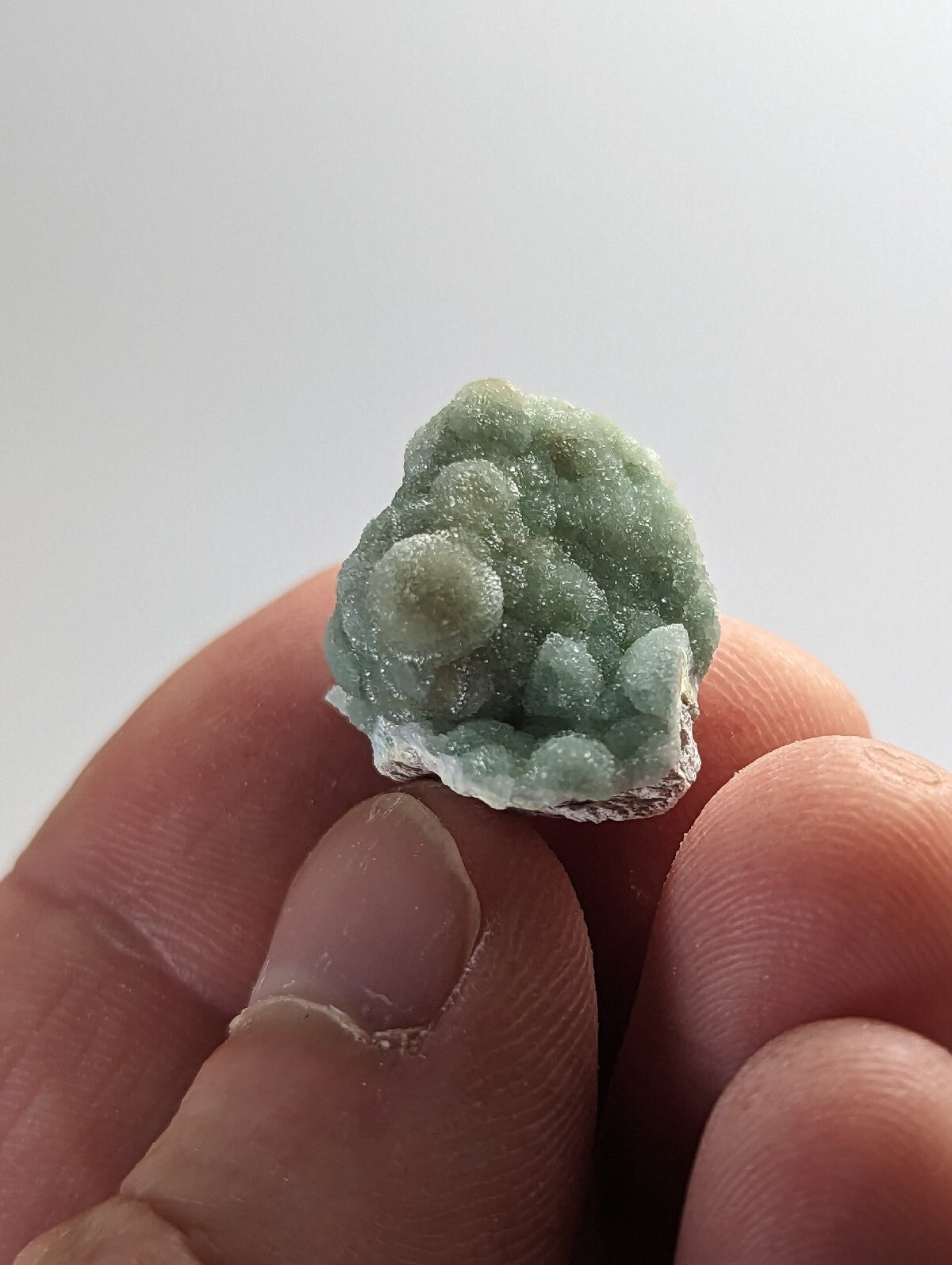 A delicate, light green mineral specimen with a textured surface featuring rounded nodules and crystalline formations.