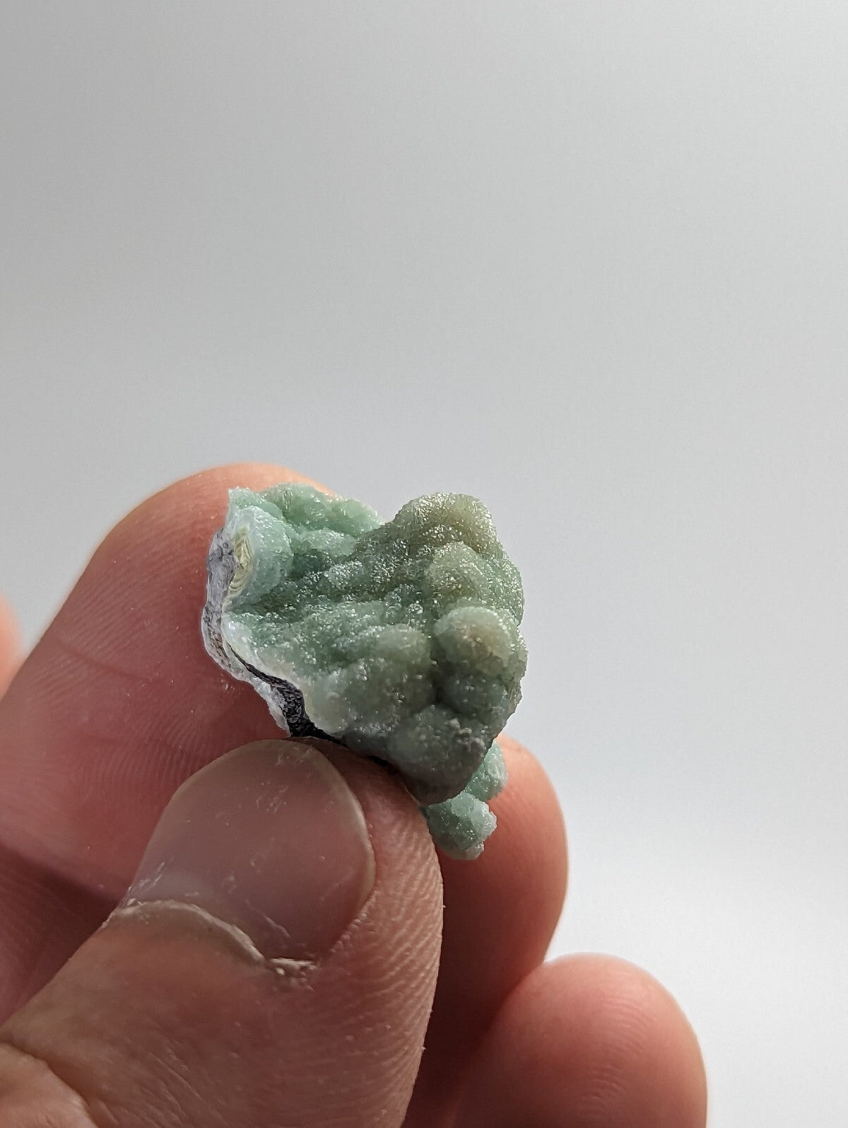 A delicate, light green mineral specimen with a textured, bubbly surface and crystalline formations.