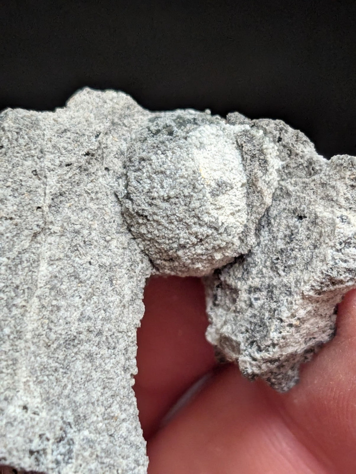 A rough, grayish-white rock with a textured surface and irregular shape.