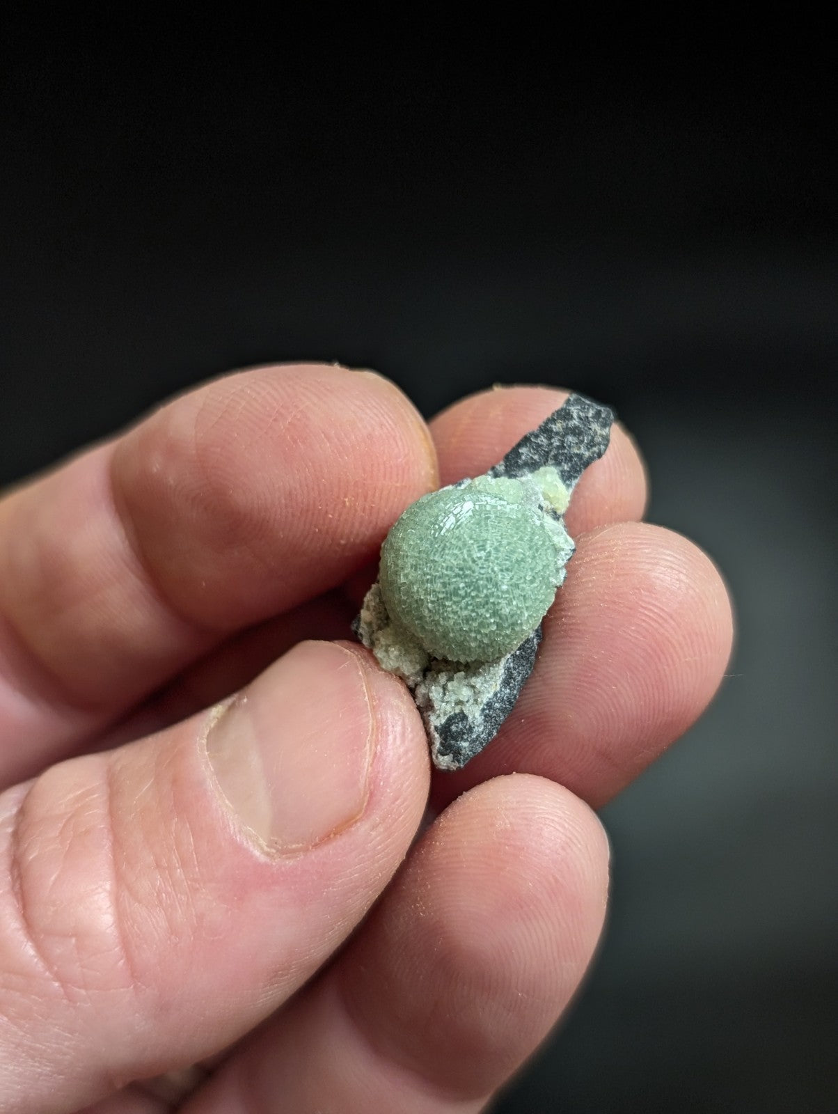 A small, greenish-blue, textured mineral specimen with a rounded top and dark gray base.