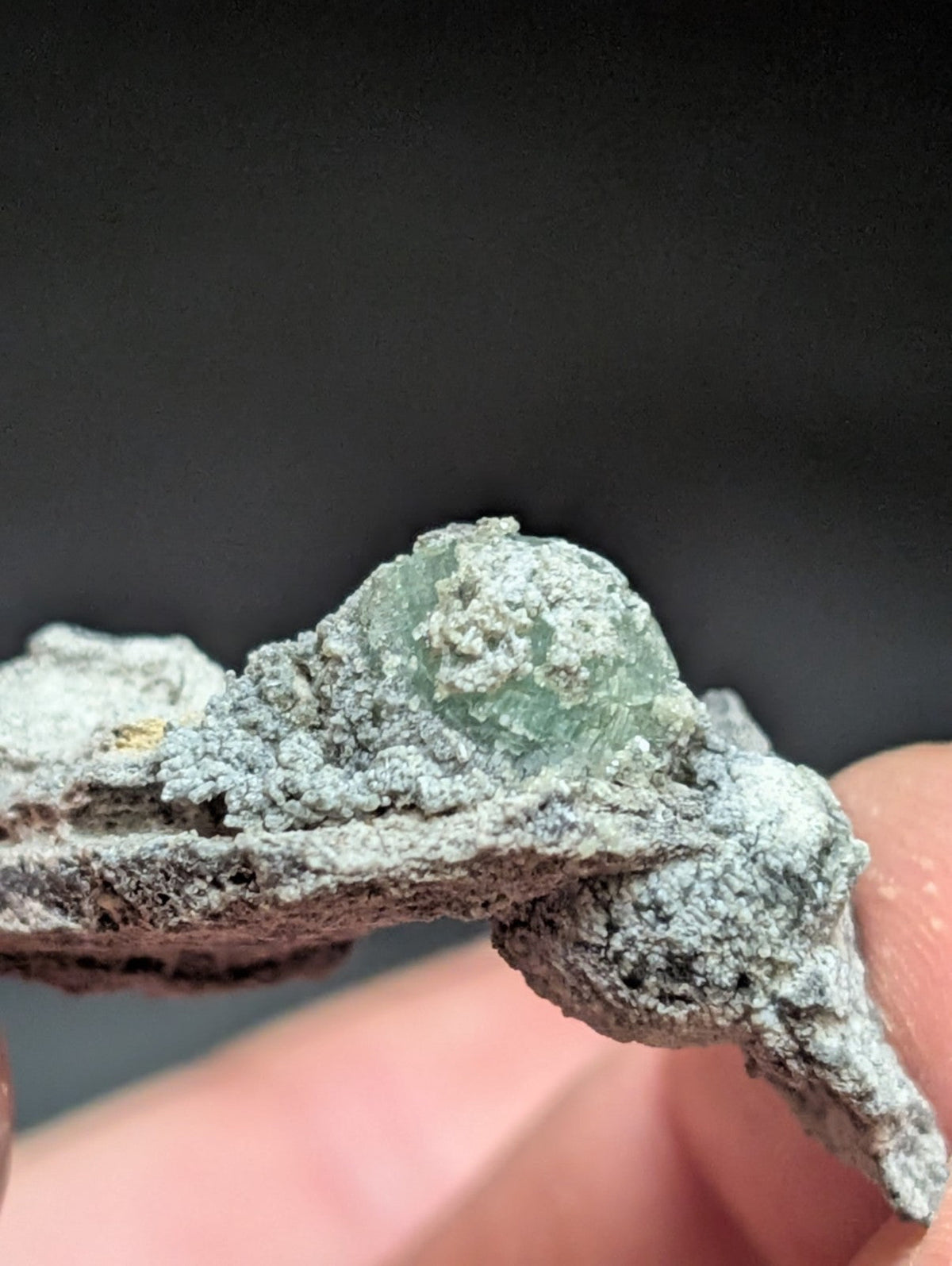 A translucent green fluorite crystal nestled within a rough, grayish matrix.