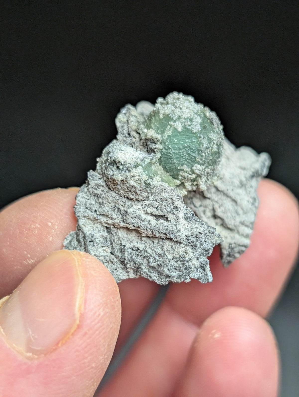 A green, translucent gemstone encased in a rough, grayish mineral matrix.