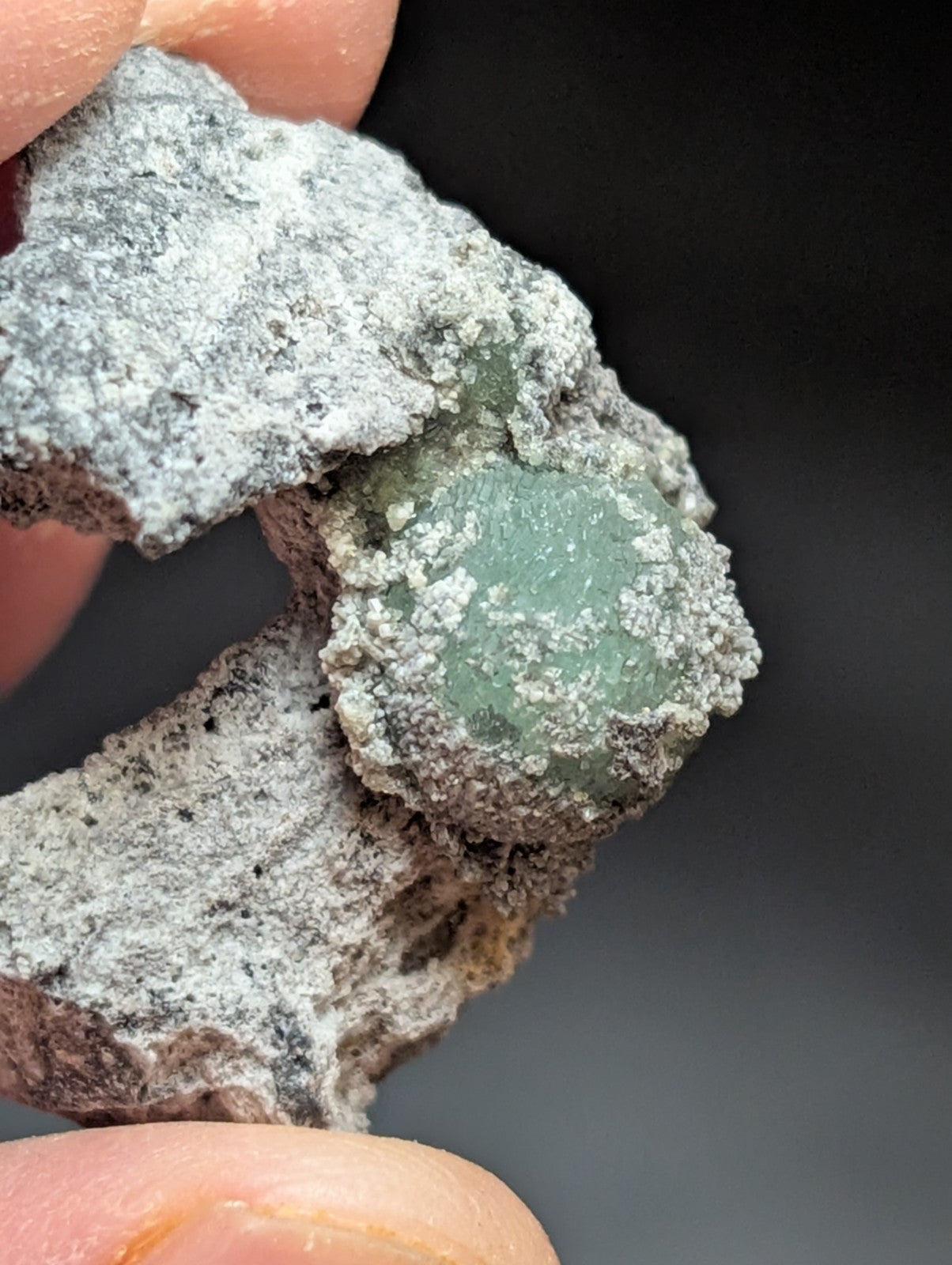 A translucent light green gemstone nestled within a rough, grayish rock matrix.