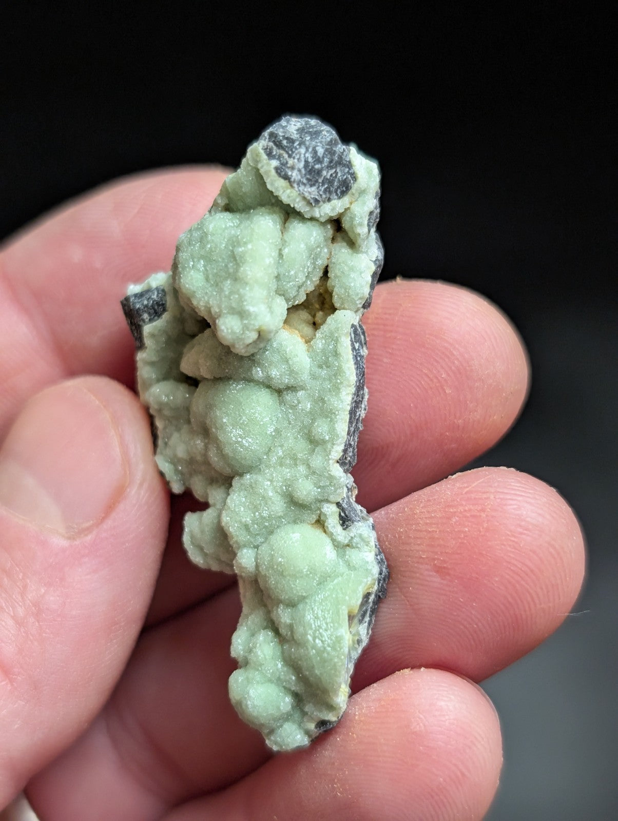 A hand holds a pale green, textured mineral specimen with rounded nodules and dark gray matrix.
