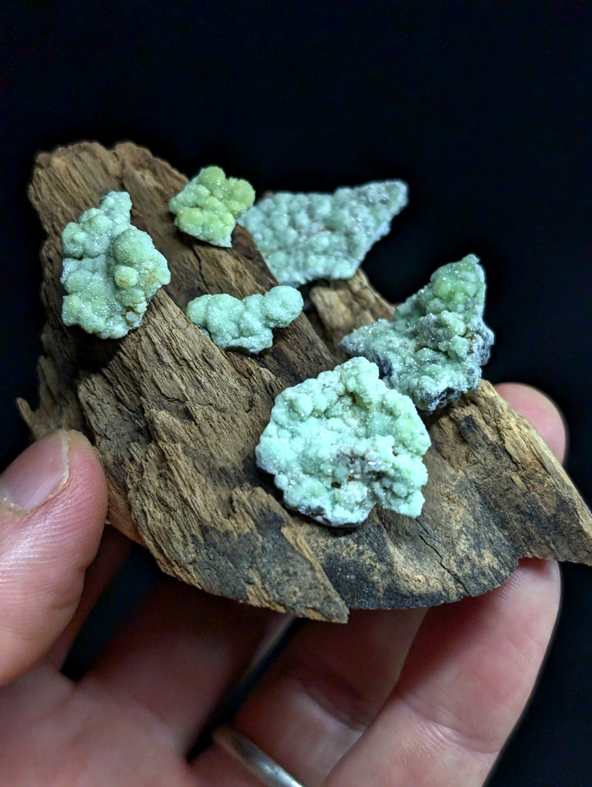 Light green, crystalline mineral specimens rest on a piece of weathered brown wood.