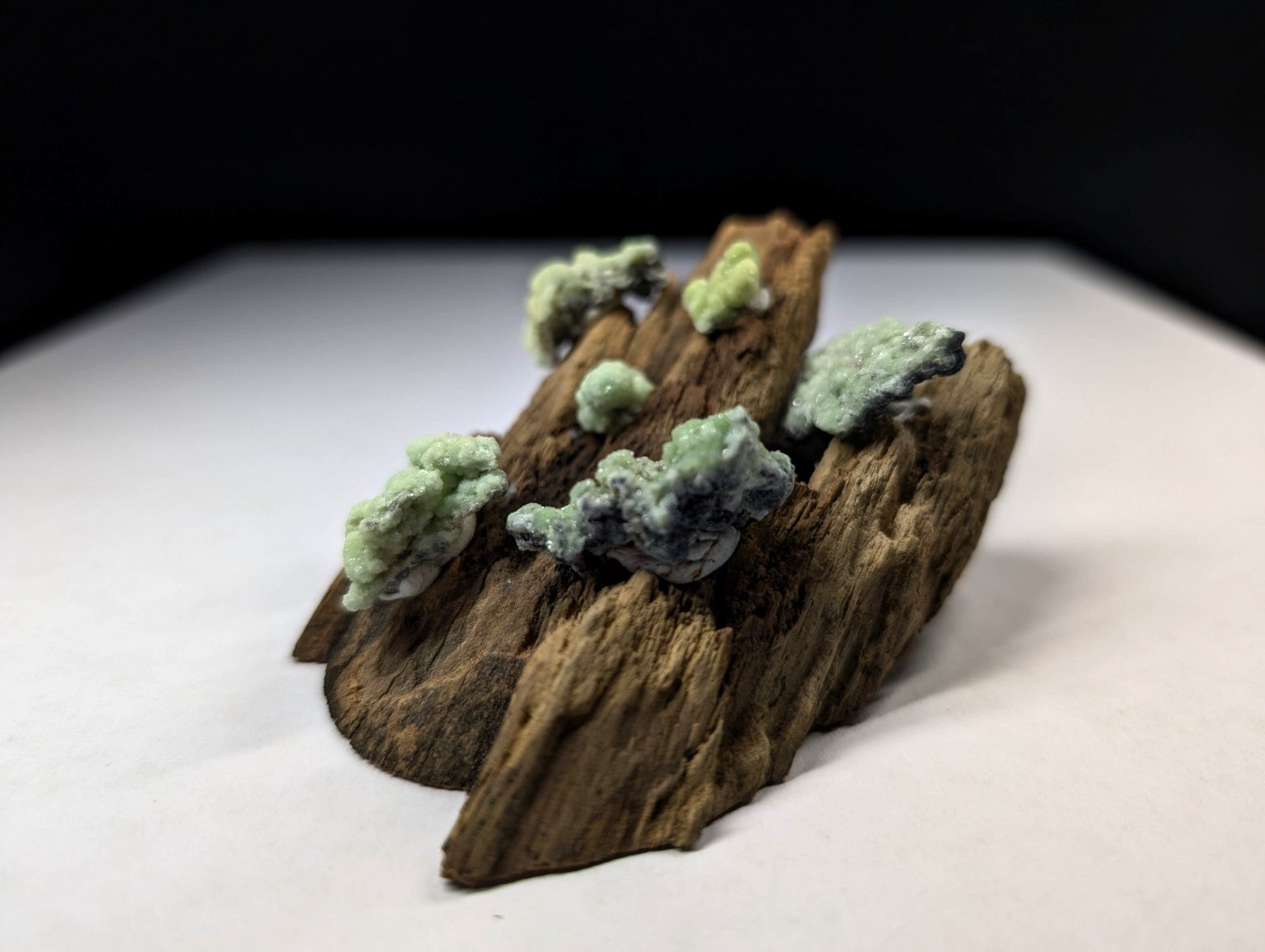 A rustic brown wooden base adorned with clusters of pale green, moss-like mineral formations.