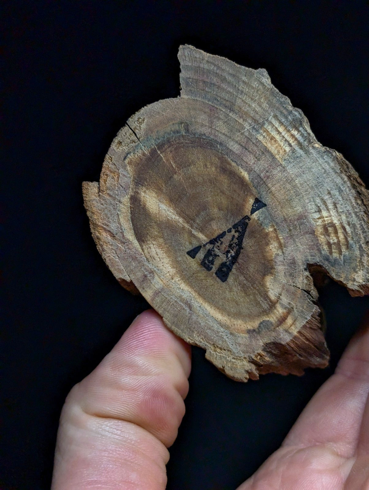 A rustic, irregularly shaped wooden slice with visible growth rings and a dark inked symbol on its surface.