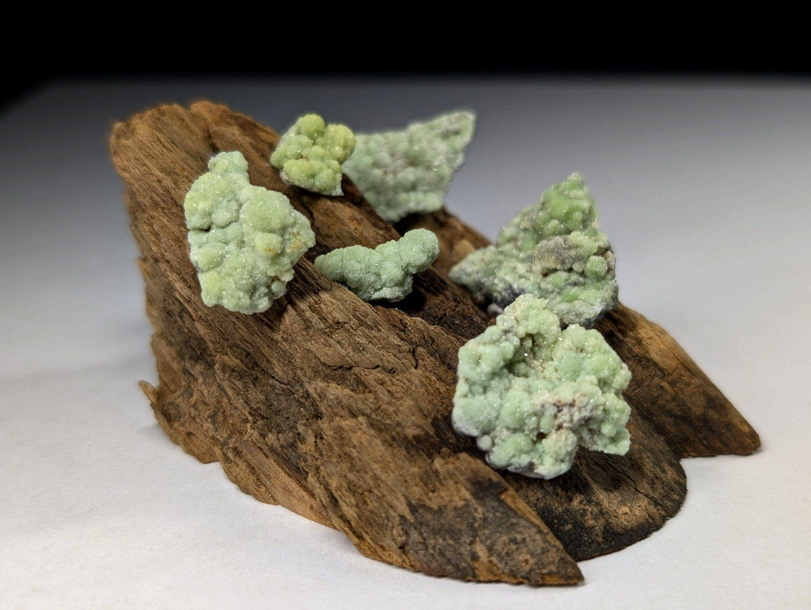 Light green, textured mineral specimens rest on a rustic brown wooden base.