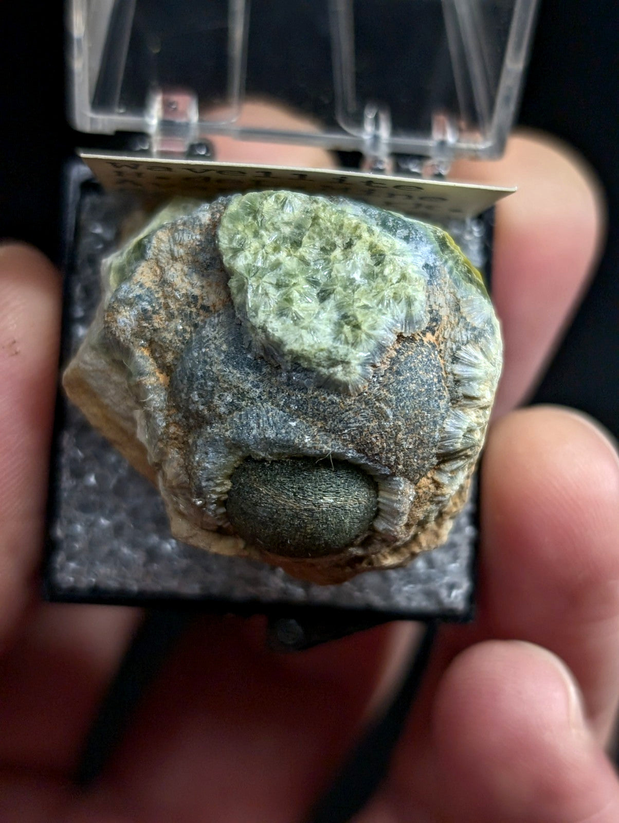A textured, irregularly shaped mineral specimen with a prominent greenish-blue crystalline formation and darker gray matrix.