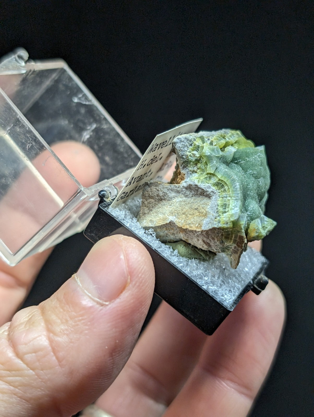 A green, layered mineral specimen with a textured surface and earthy tones displayed in a clear plastic case.