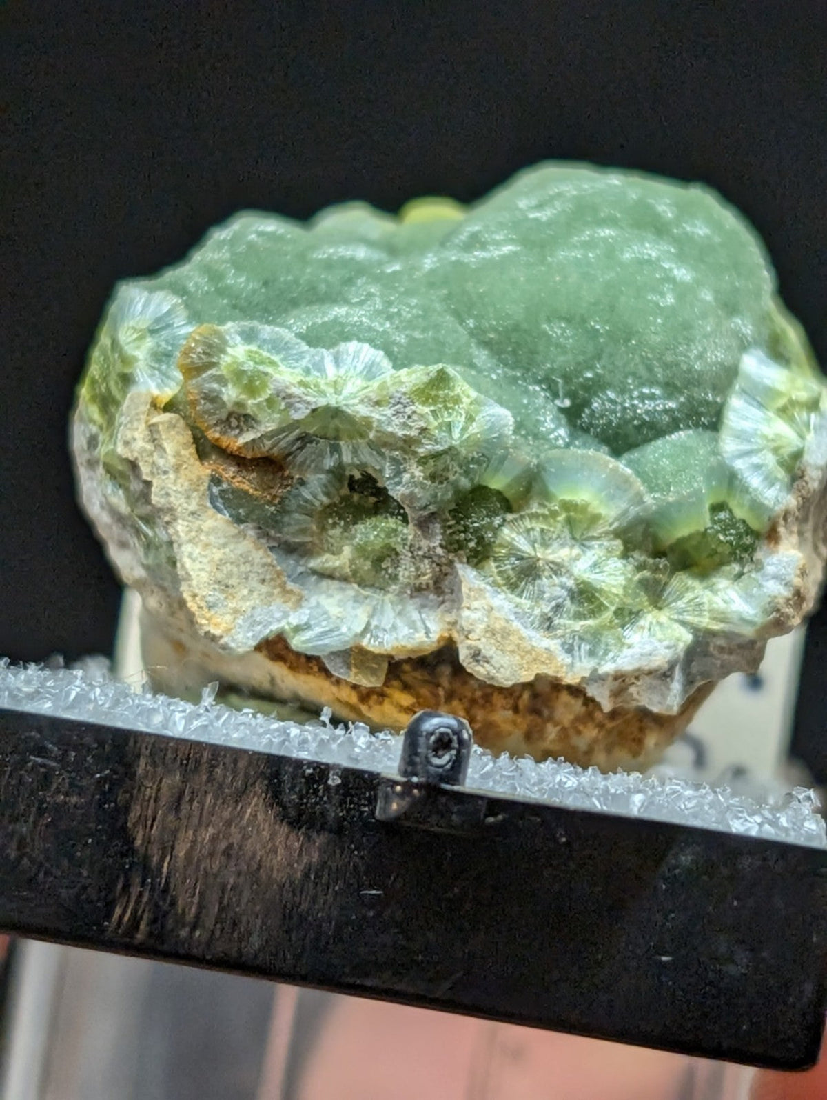 A translucent green fluorite crystal formation with intricate, layered growth patterns and a rough-textured base.