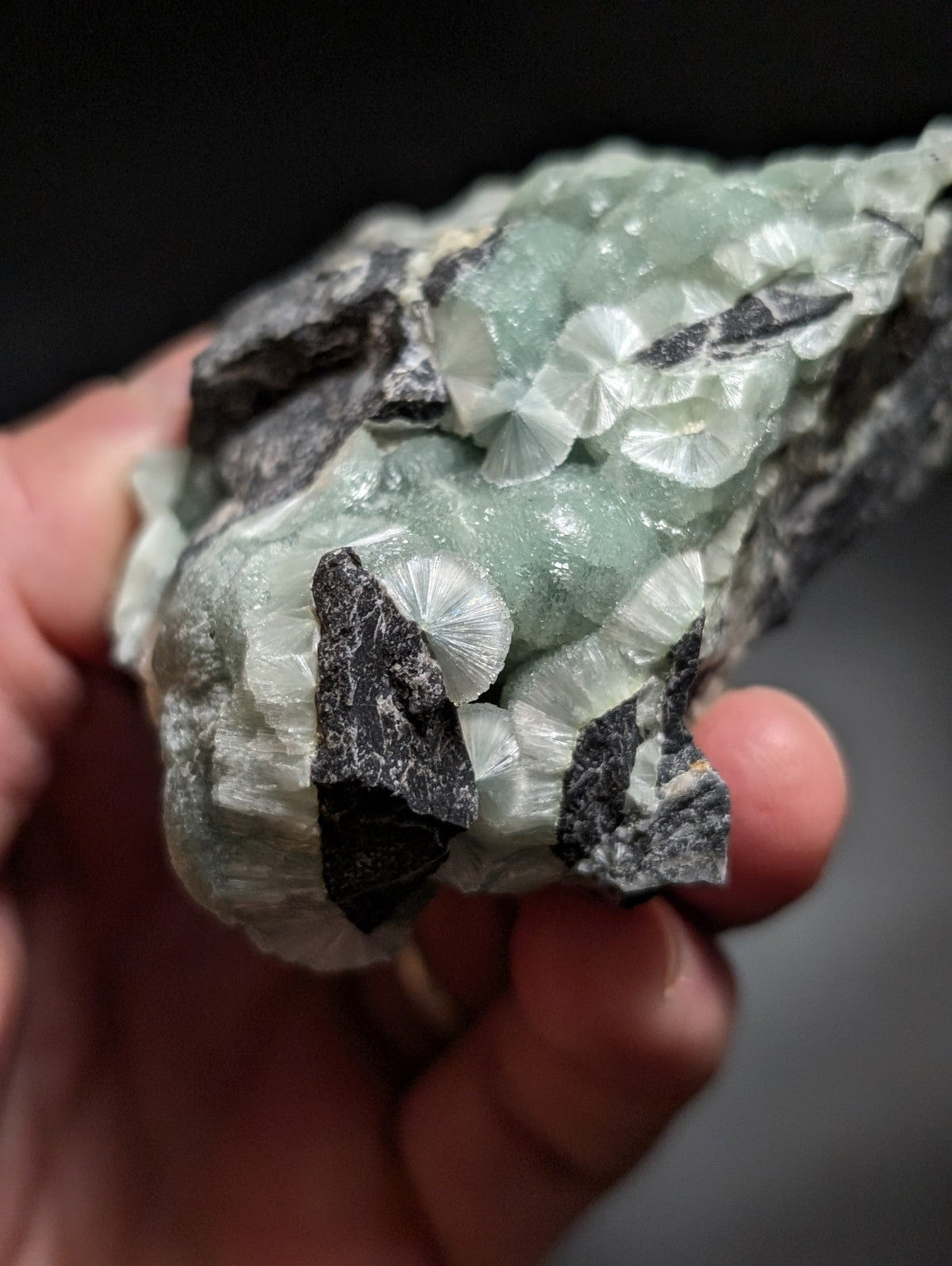 A hand holds a specimen of greenish translucent calcite crystals with black matrix rock.
