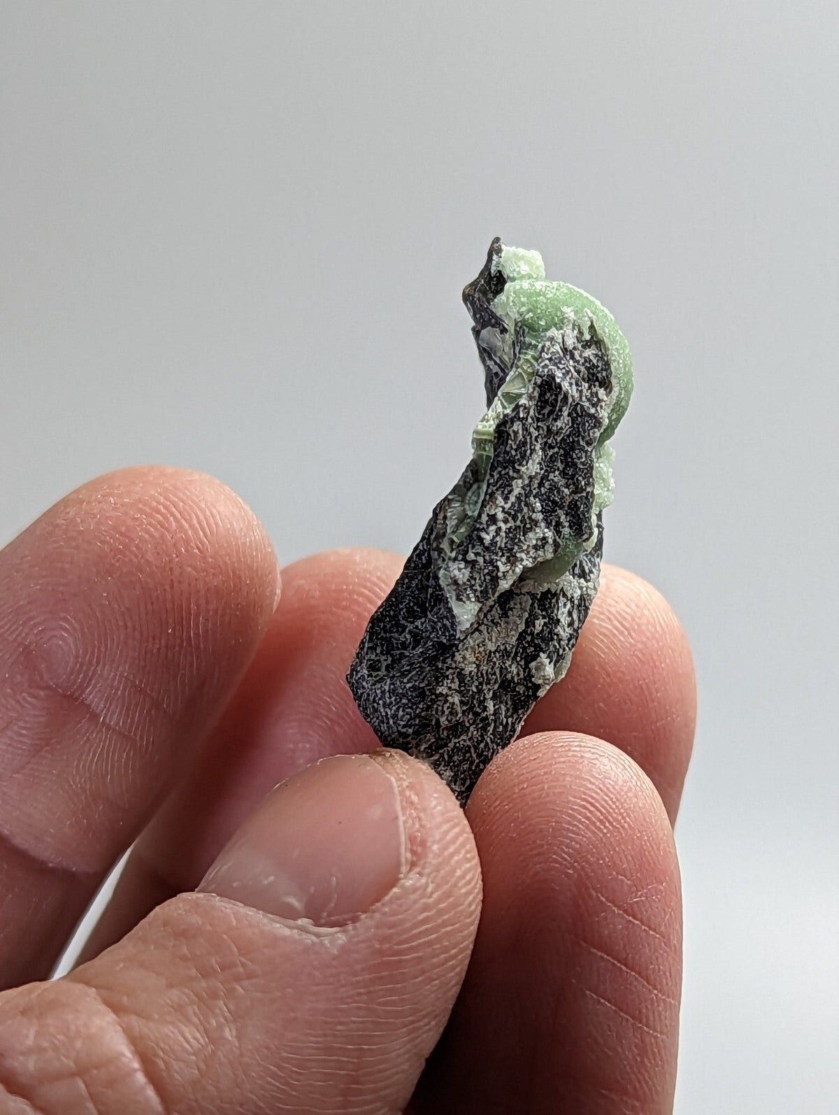 A hand holds a small, irregularly shaped piece of green and black mineral with a rough texture.