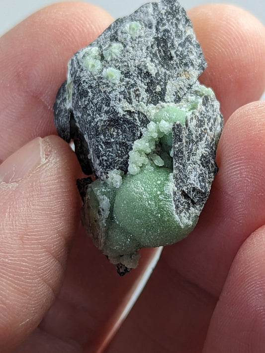 A hand holds a dark gray rock specimen featuring clusters of translucent, light green crystals.