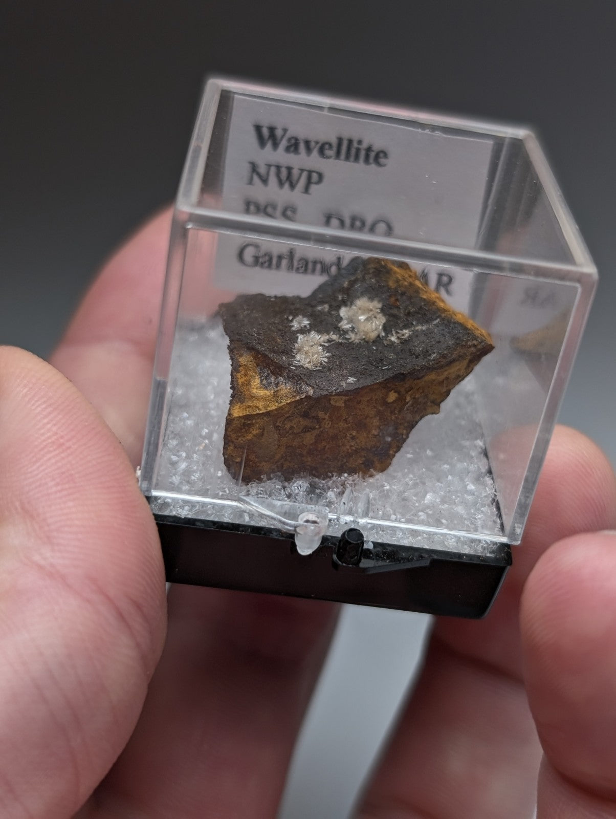 Wavellite mineral specimen in dark brown and golden colors encased in clear acrylic with a black base from Arkansas