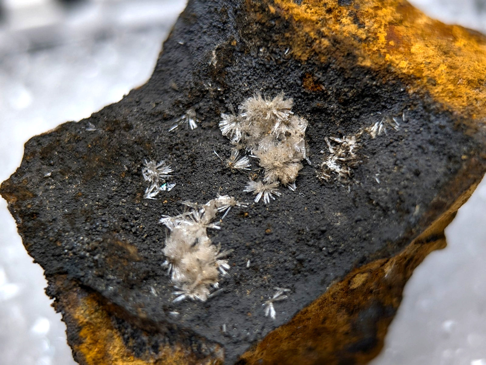 A rugged dark metallic wavellite rock with orange rust patches and white crystalline formations from Garland County Arkansas