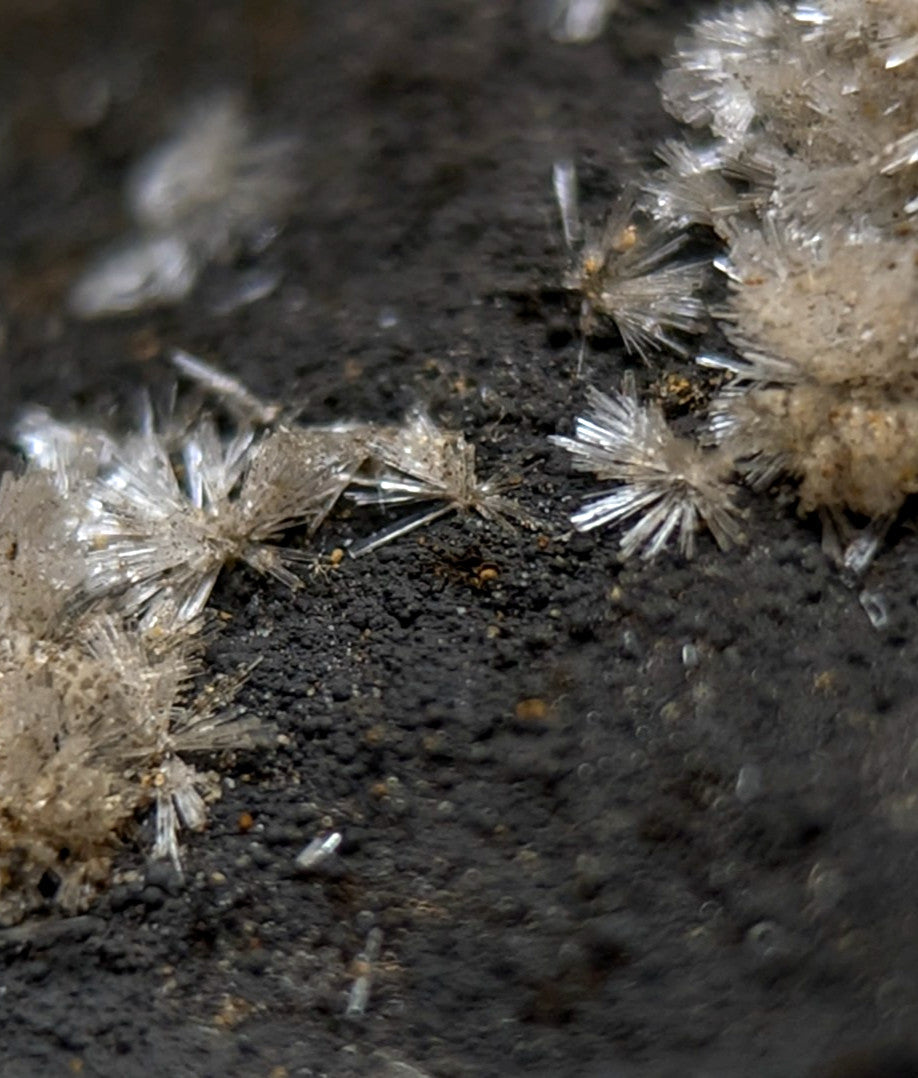 Wavellite mineral with fuzzy translucent white and beige crystalline formations from Potash Sulphur Springs Arkansas
