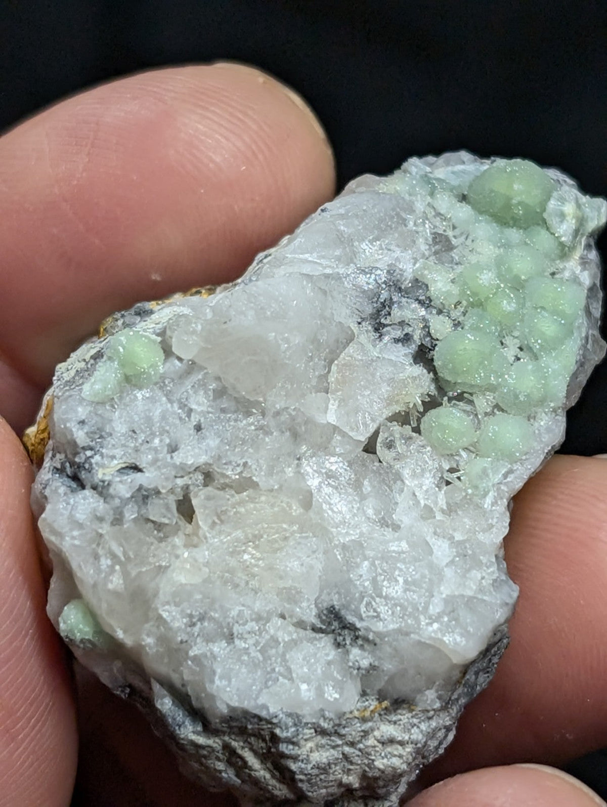 A hand holds a rough, translucent crystal specimen featuring clusters of pale green spherical formations against a backdrop of white and gray crystalline matrix.