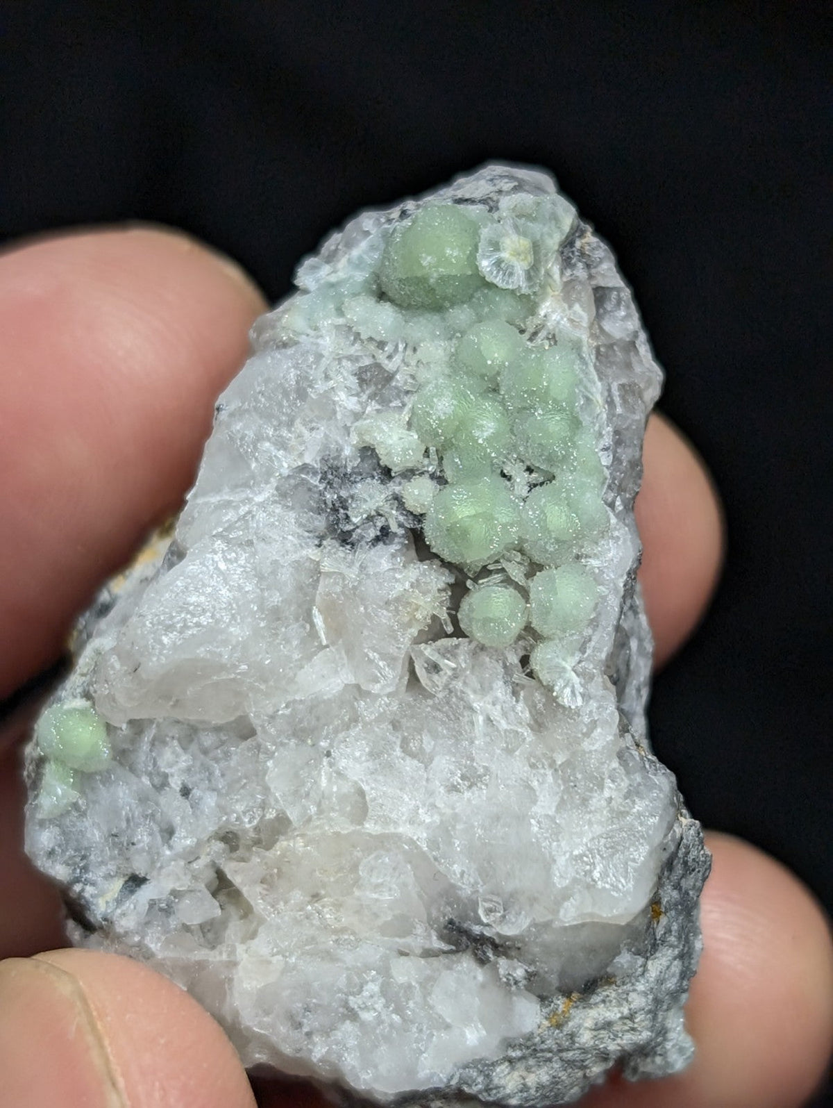 A cluster of pale green, spherical crystals nestled within a rough, translucent white rock matrix.