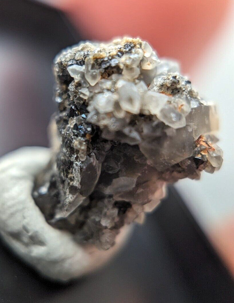 A translucent gray quartz crystal cluster with black and brown mineral inclusions, mounted on a white display base.