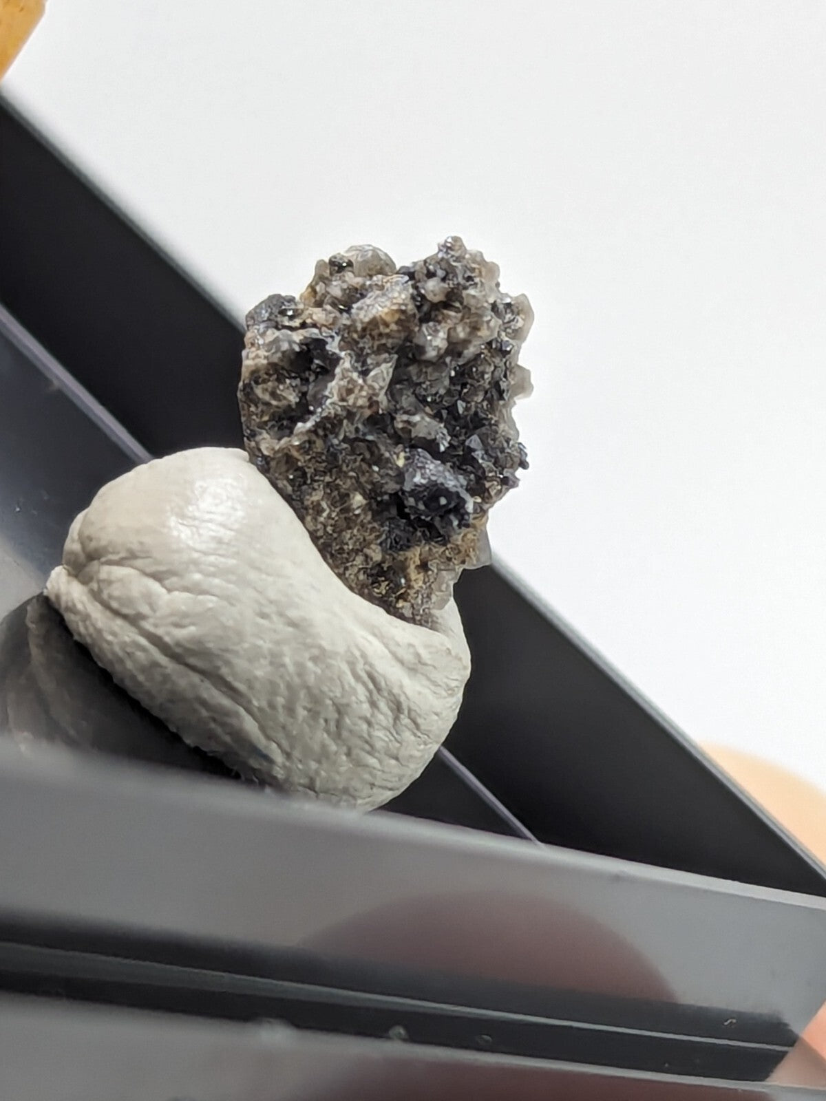 A rugged, gray and black mineral specimen with a rough, crystalline texture sits atop a smooth, off-white ceramic base.