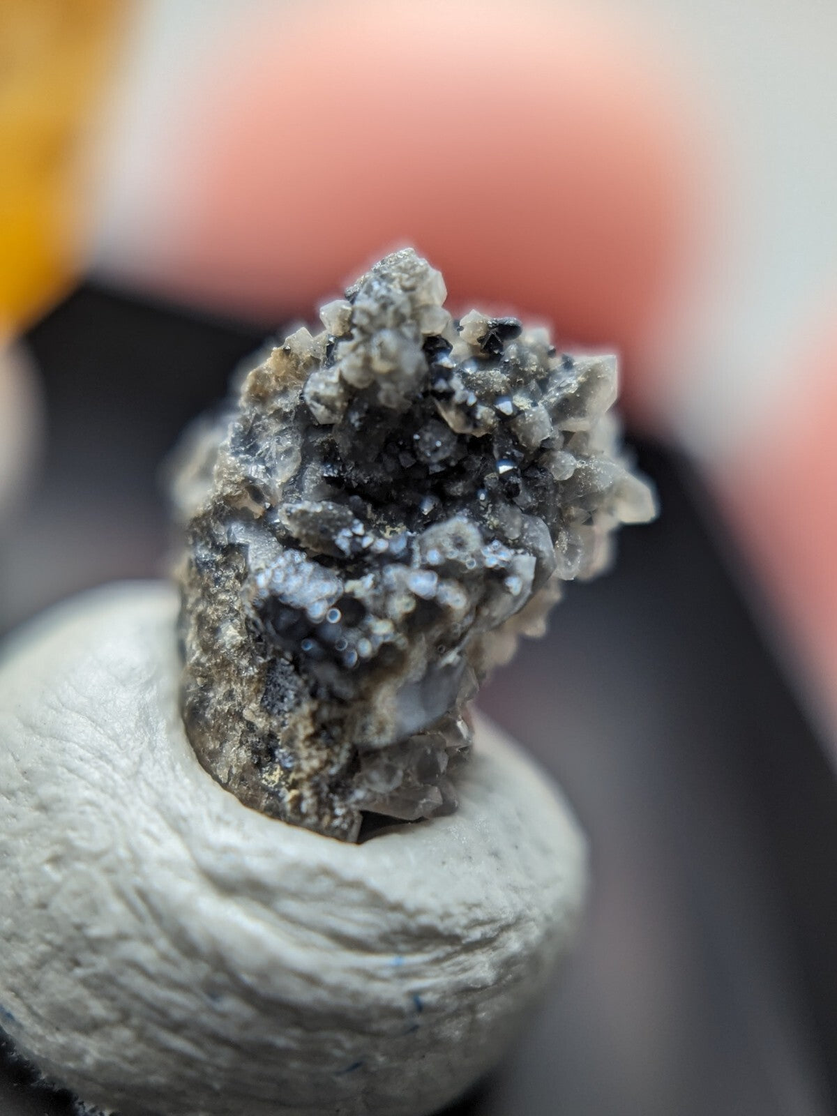 A textured gray and black mineral specimen with crystalline formations, displayed in a white ceramic holder.