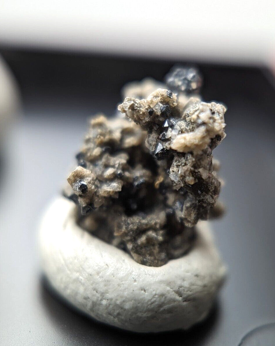 A dark, crystalline mineral specimen with jagged black and gray formations rests atop a smooth white ceramic pedestal.