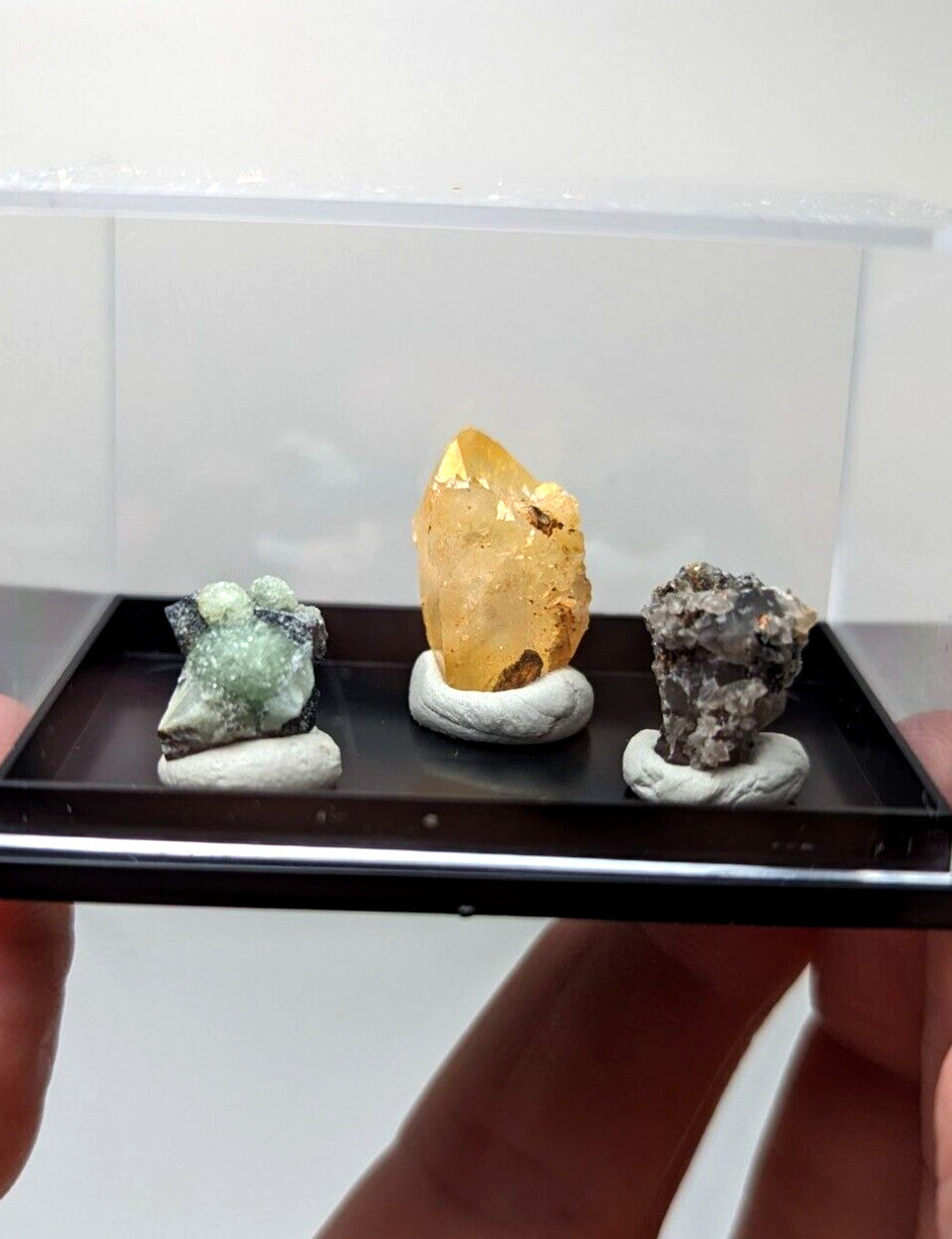 Three distinct mineral specimens, each mounted on a small white pedestal within a black tray: one is a translucent yellow crystal with golden inclusions, another features green crystalline formations over dark rock, and the third displays a rough-textured grayish-black stone