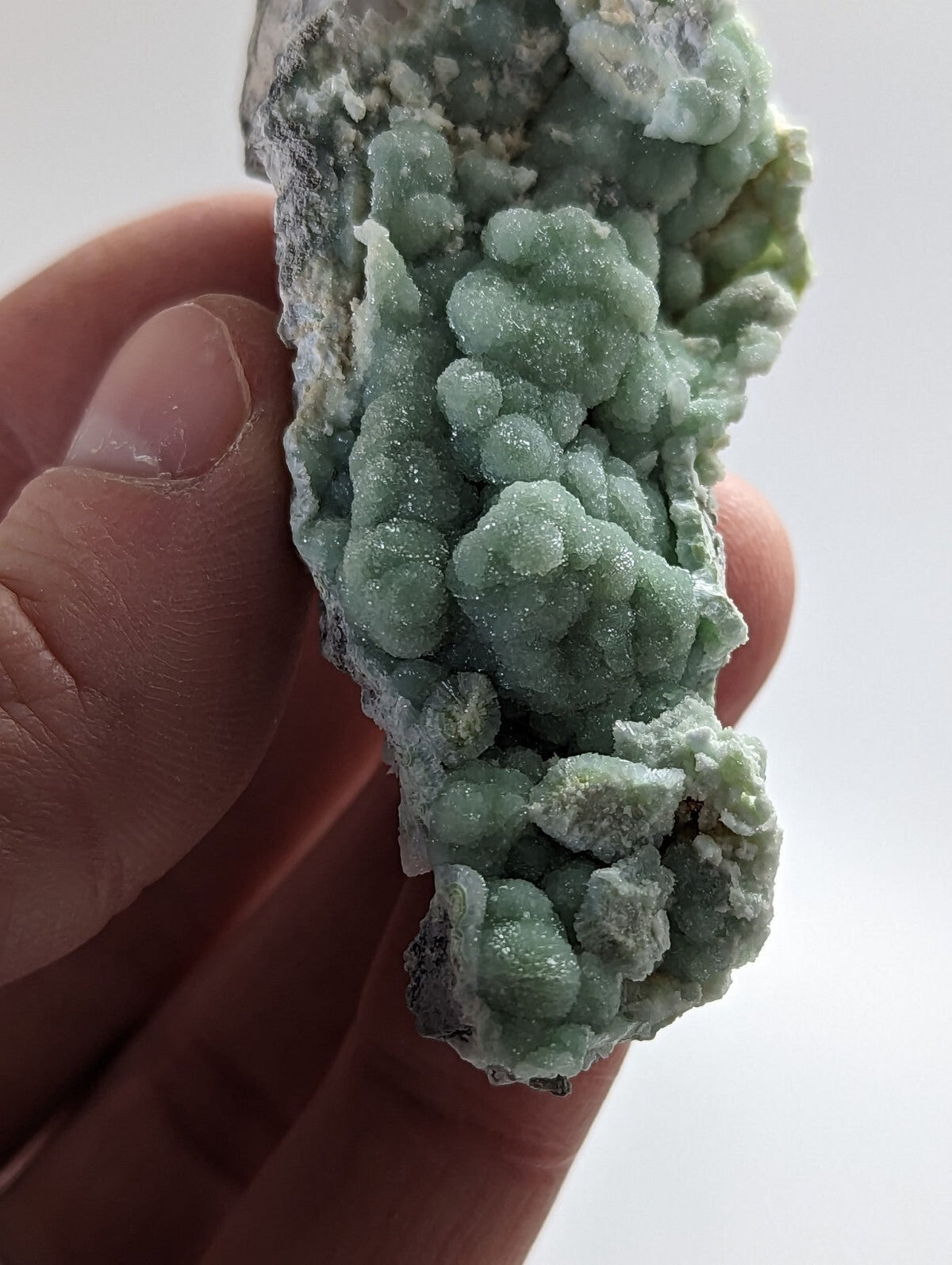 A hand holds a pale green, textured mineral specimen with rounded, clustered formations and a rough, crystalline surface.