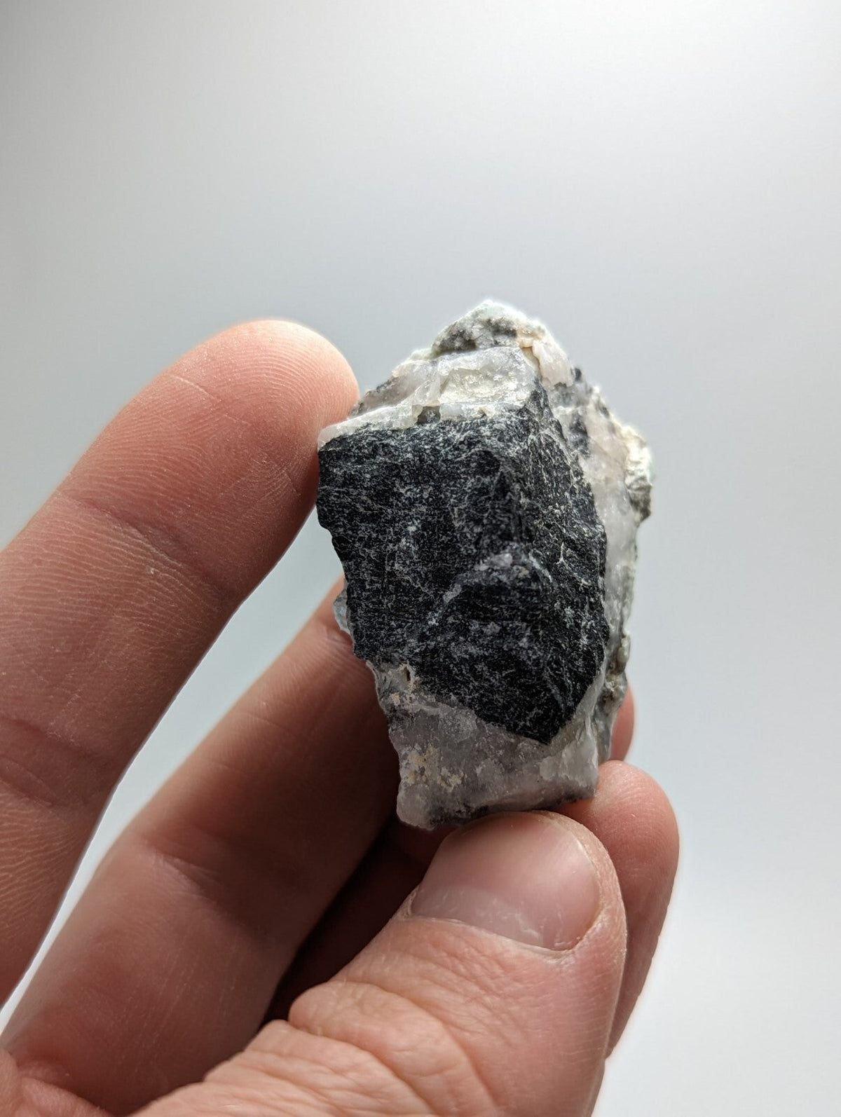 A hand holds a rough, irregularly shaped mineral specimen featuring a dark gray to black core with translucent white crystalline formations encasing it.