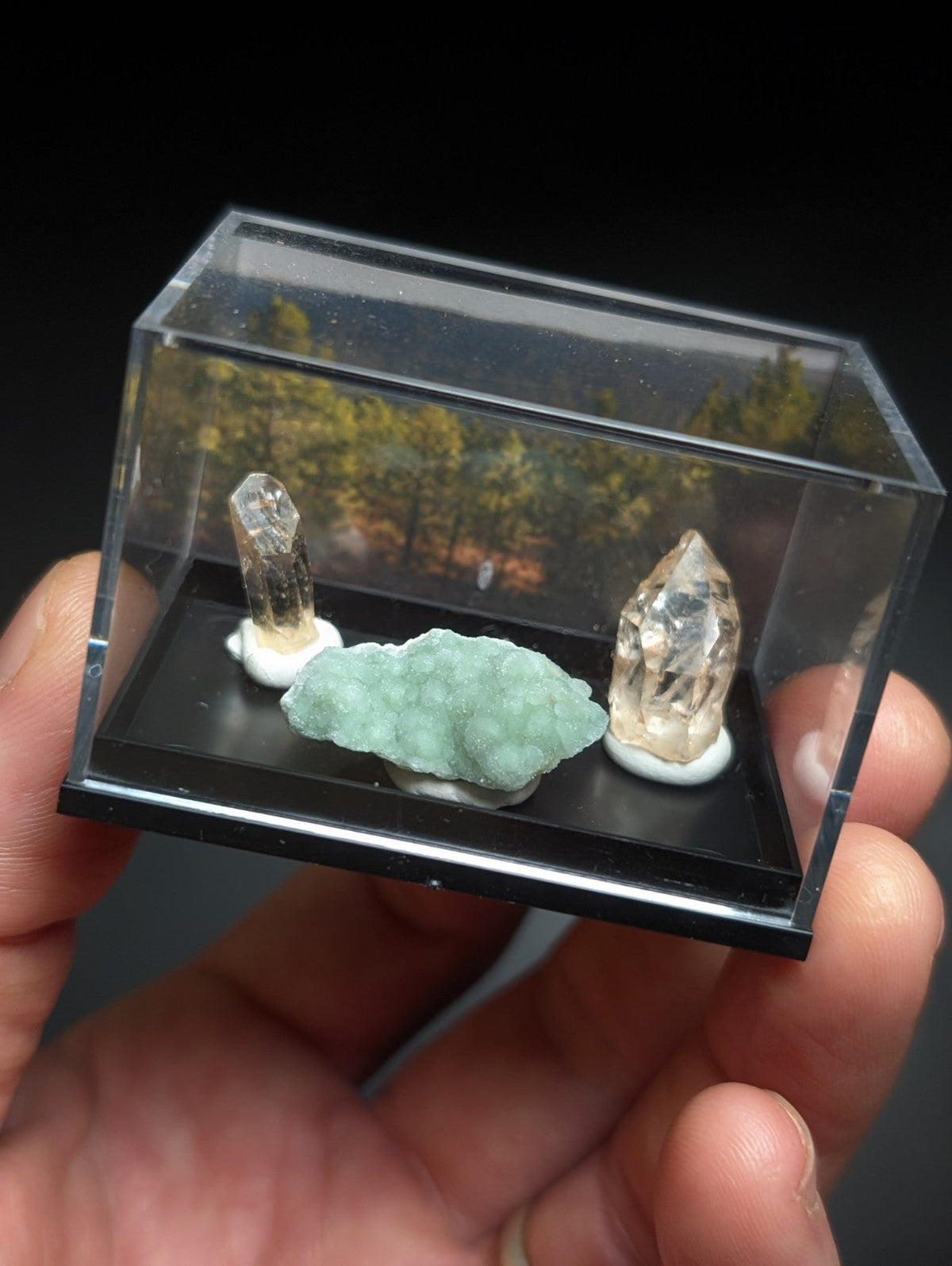 A clear acrylic display case holding three mineral specimens: two transparent quartz crystals with golden inclusions and a light green, textured geode.