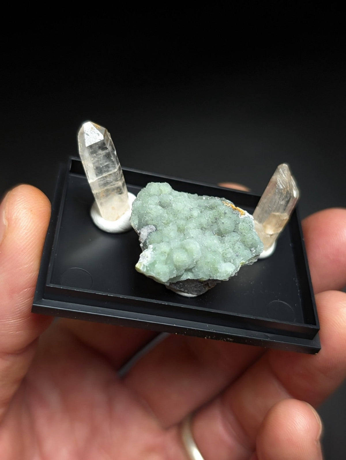 A delicate greenish-blue mineral specimen with a bumpy, clustered texture sits centrally on a black display tray flanked by two clear quartz crystals.