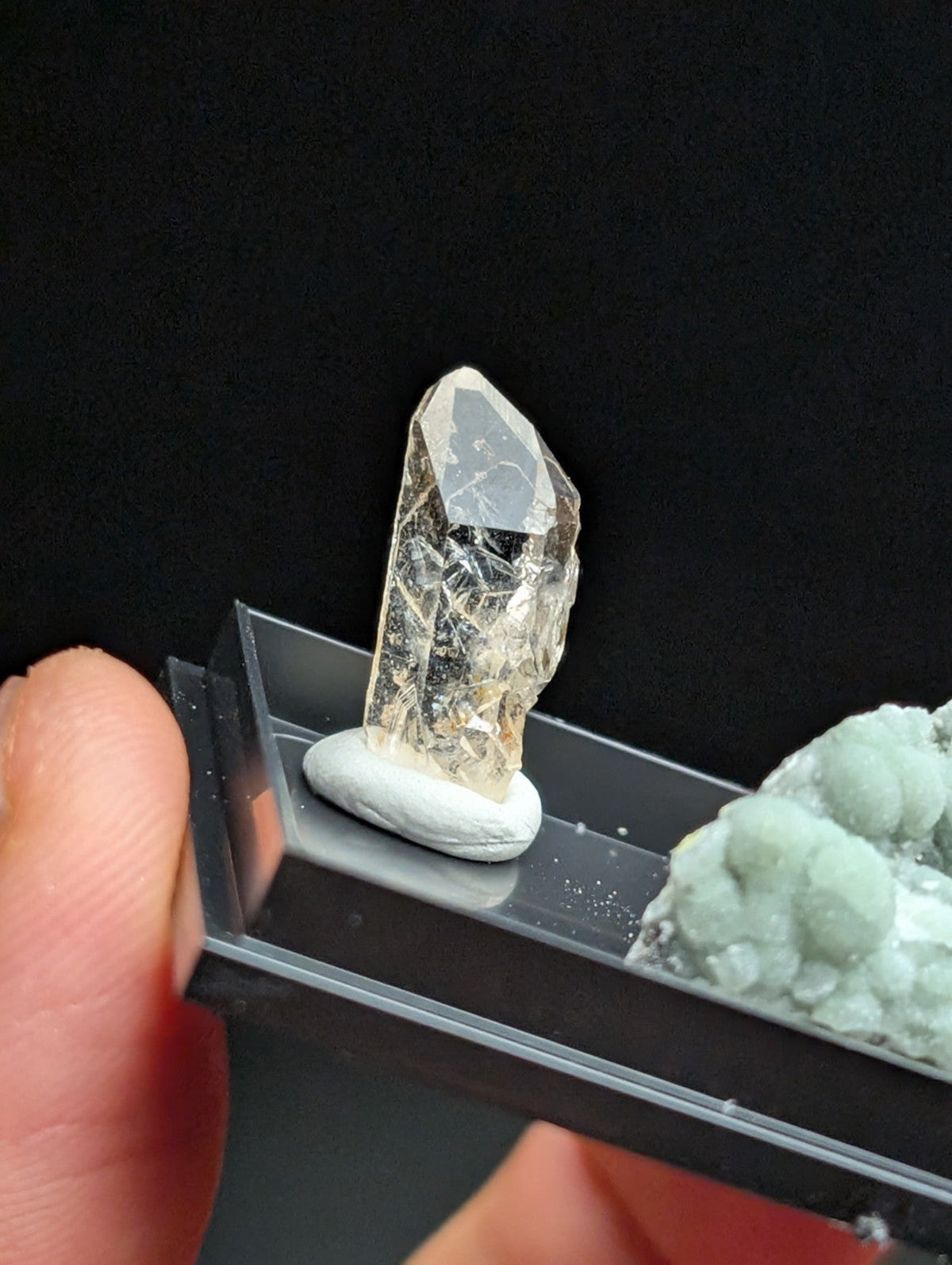 A translucent, faceted quartz crystal with a pointed tip and visible internal inclusions stands upright on a white base within a black mineral display tray.