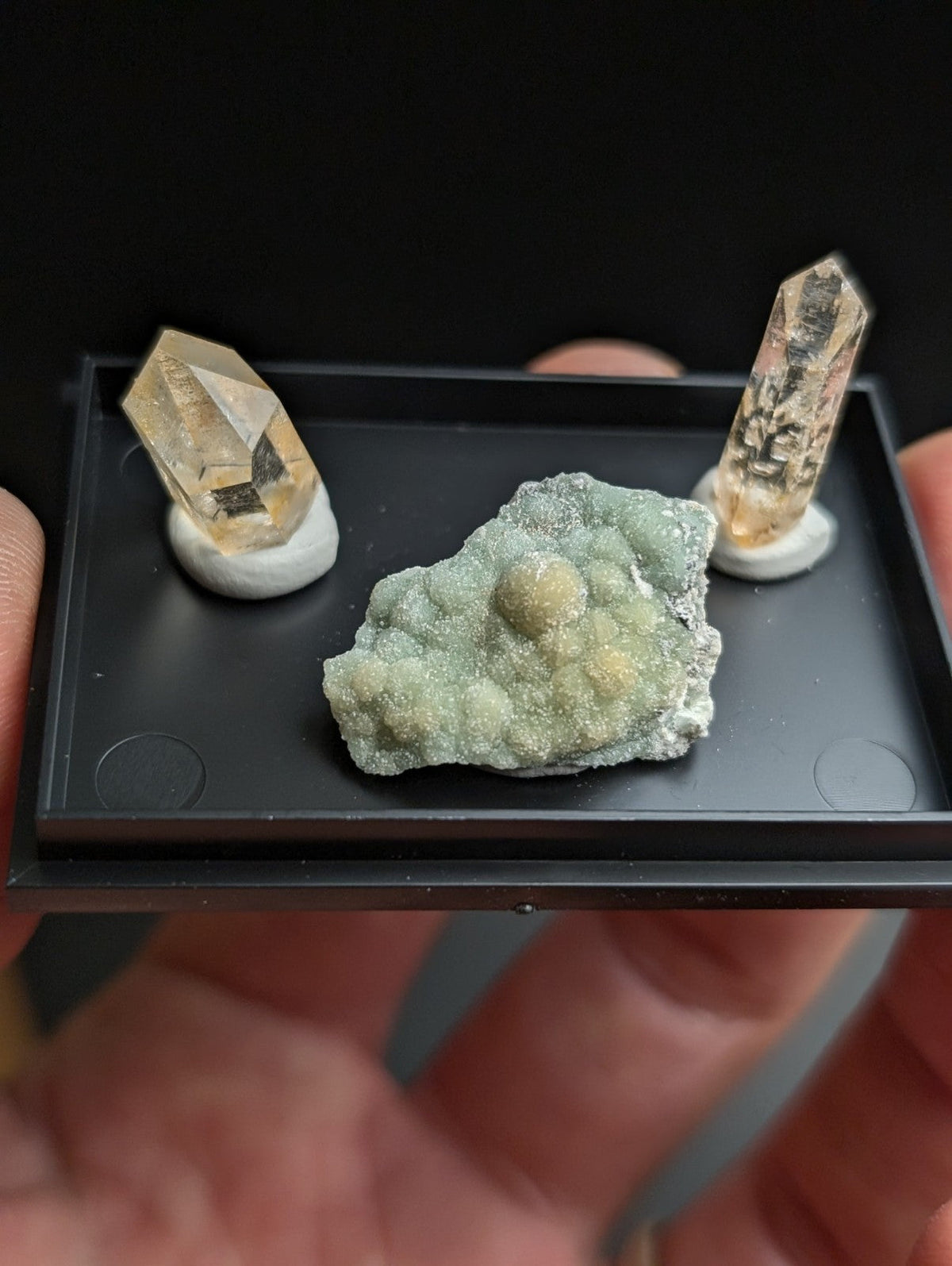 A black display tray holding three mineral specimens: two translucent yellowish crystals with white circular bases and one green, textured rock formation.