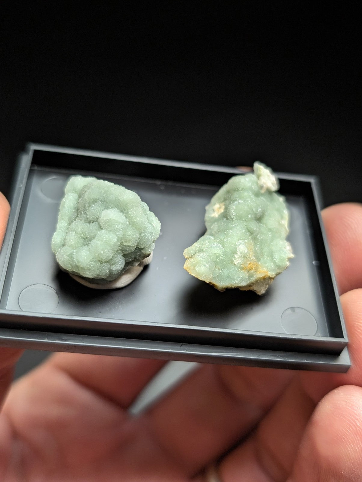 Two light green, crystalline mineral specimens with a slightly rough and textured surface are displayed in a black rectangular tray.
