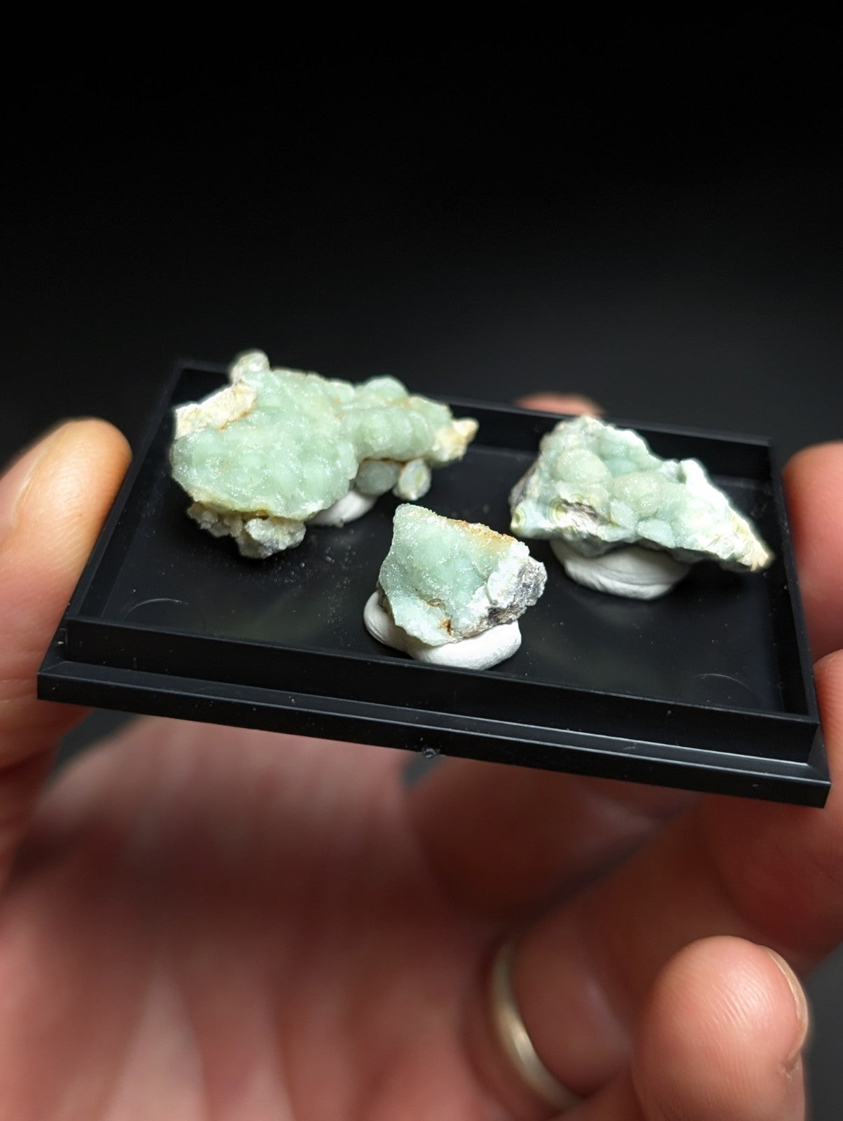Three light green, crystalline mineral specimens with white and gray matrixes are displayed on a black plastic tray.