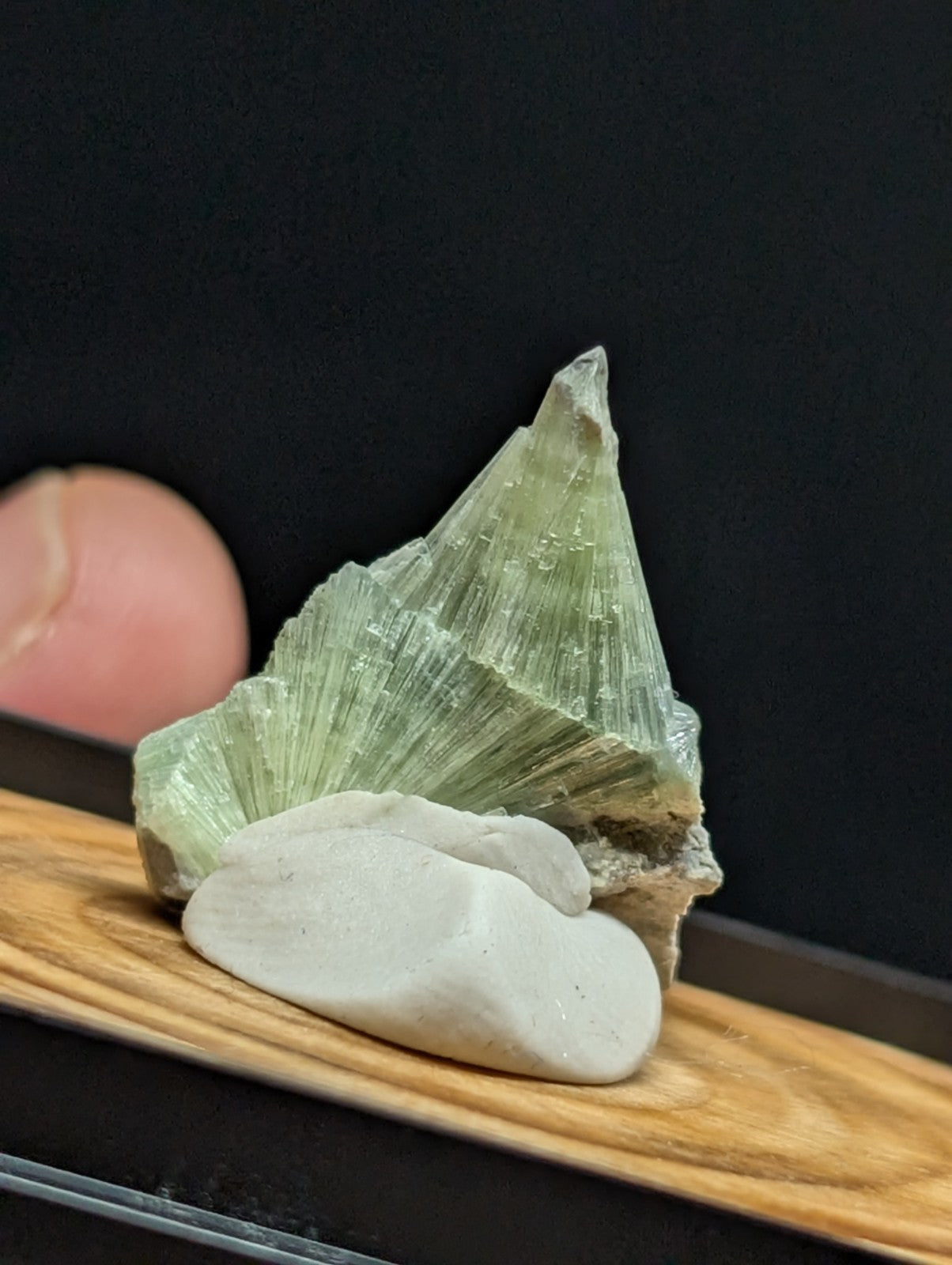 A translucent green mineral specimen with a crystalline, fan-like structure and sharp pointed tip.