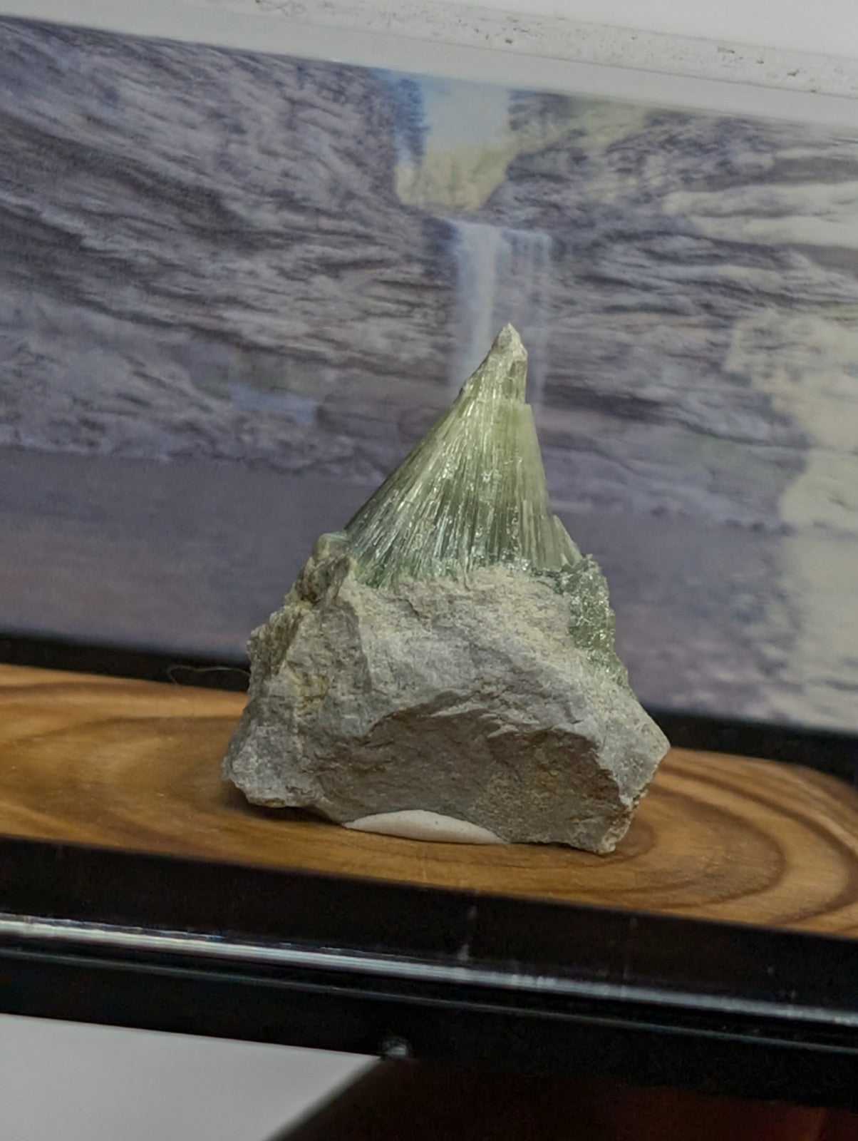 A translucent green mineral crystal with a pointed, faceted top emerging from a rough gray rock base.