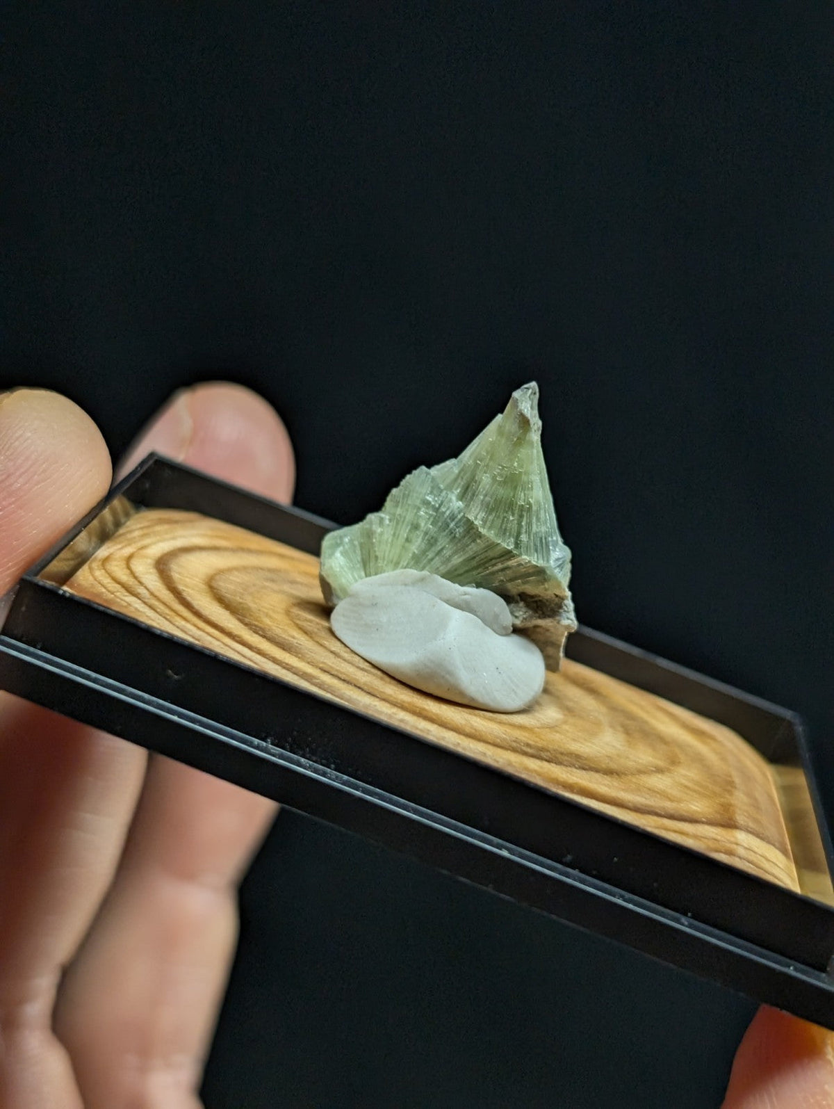 A green, translucent mineral specimen with a crystalline structure rests atop a smooth white stone within a rectangular wooden display tray.