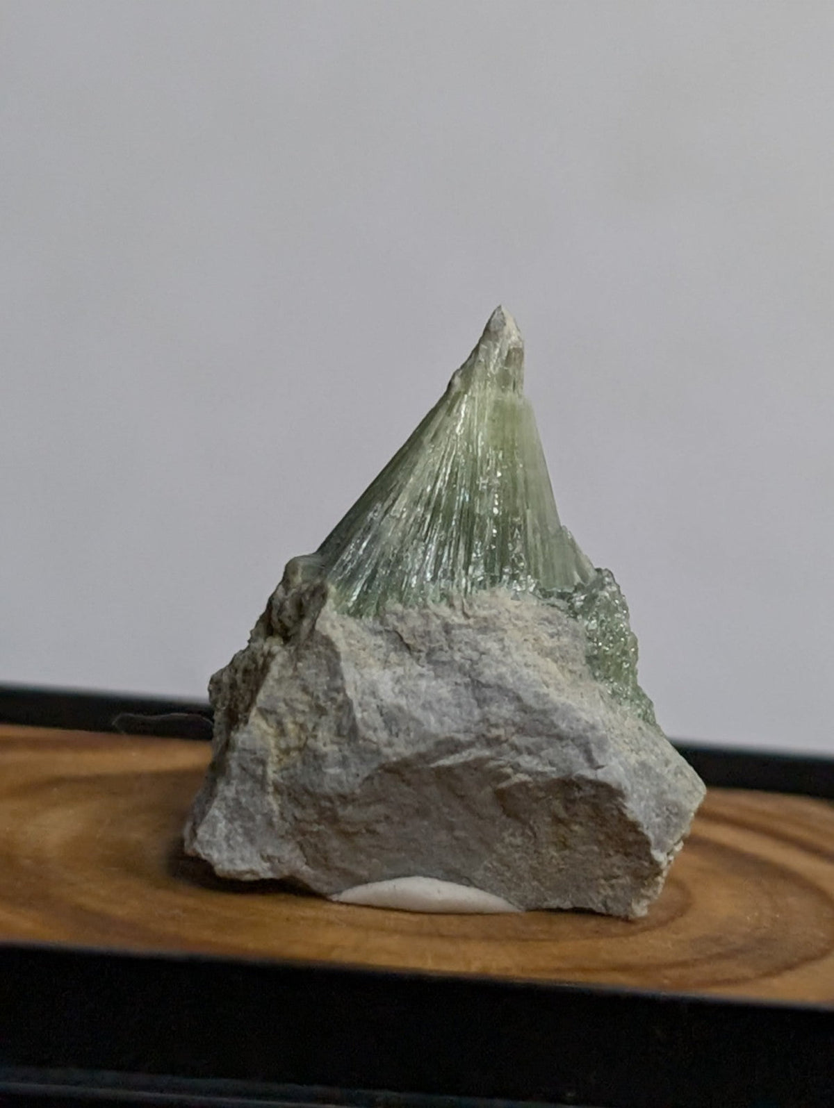 A translucent green mineral crystal with a pointed, fan-like structure emerging from a rough gray rock base.