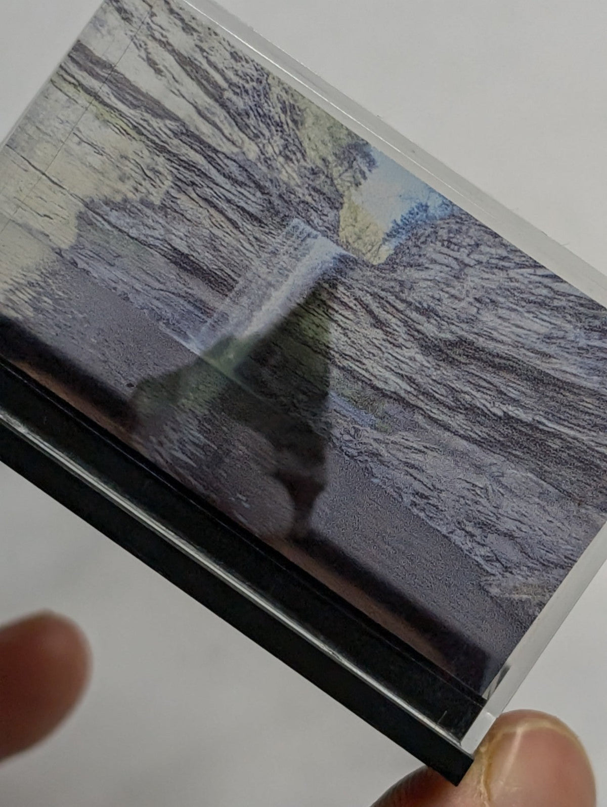 A sleek black rectangular card holder with a transparent front displaying a grayscale landscape image.