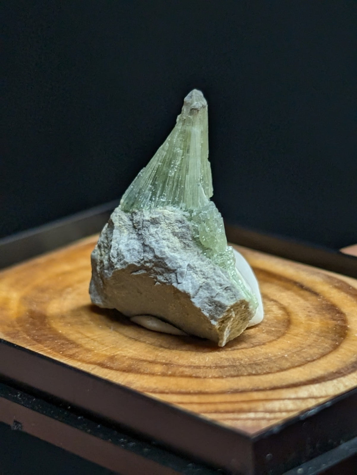 A translucent green crystal mineral specimen with a pointed, faceted tip emerging from a rough, light-colored rock base.