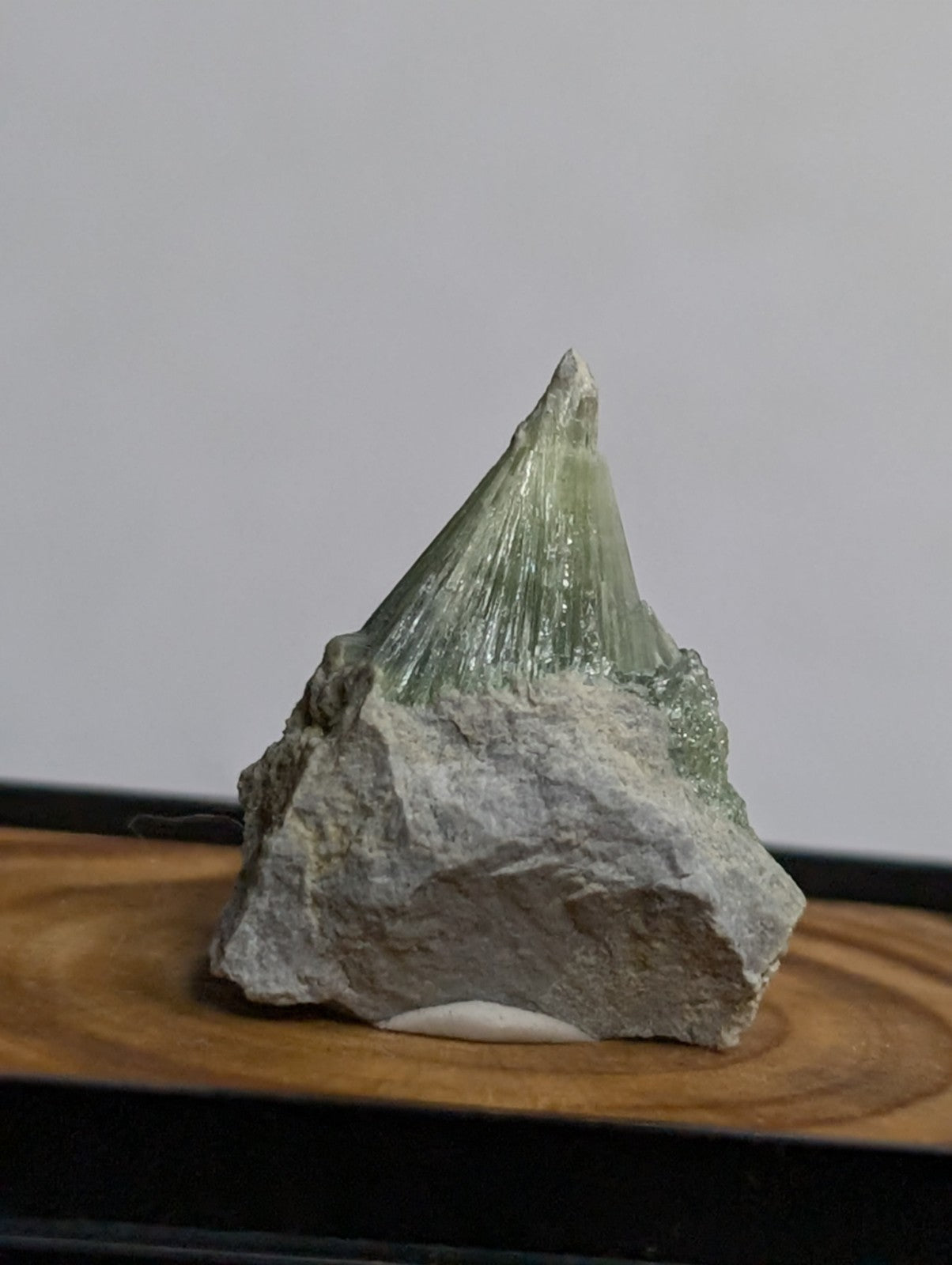 A translucent green mineral crystal with a pointed, fan-like structure emerging from a rough gray rock base.