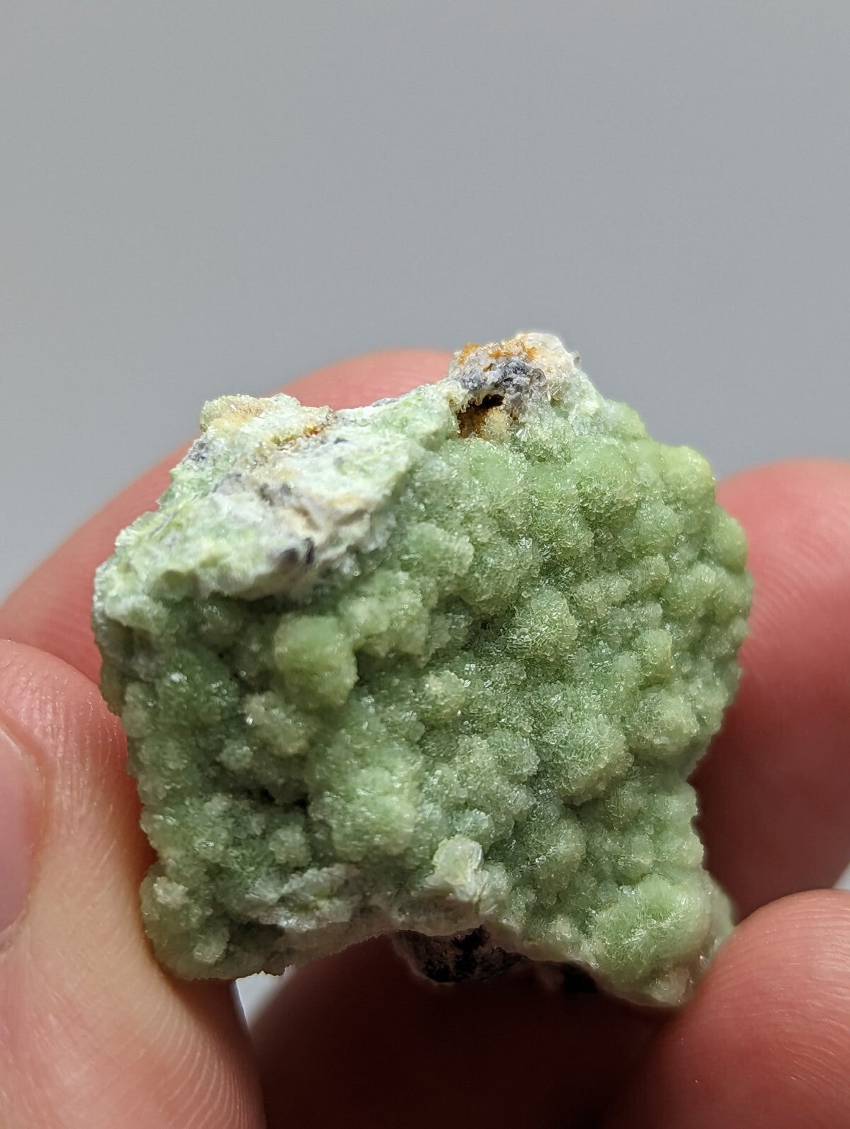 A light green, textured mineral specimen with a crystalline surface and patches of white matrix.