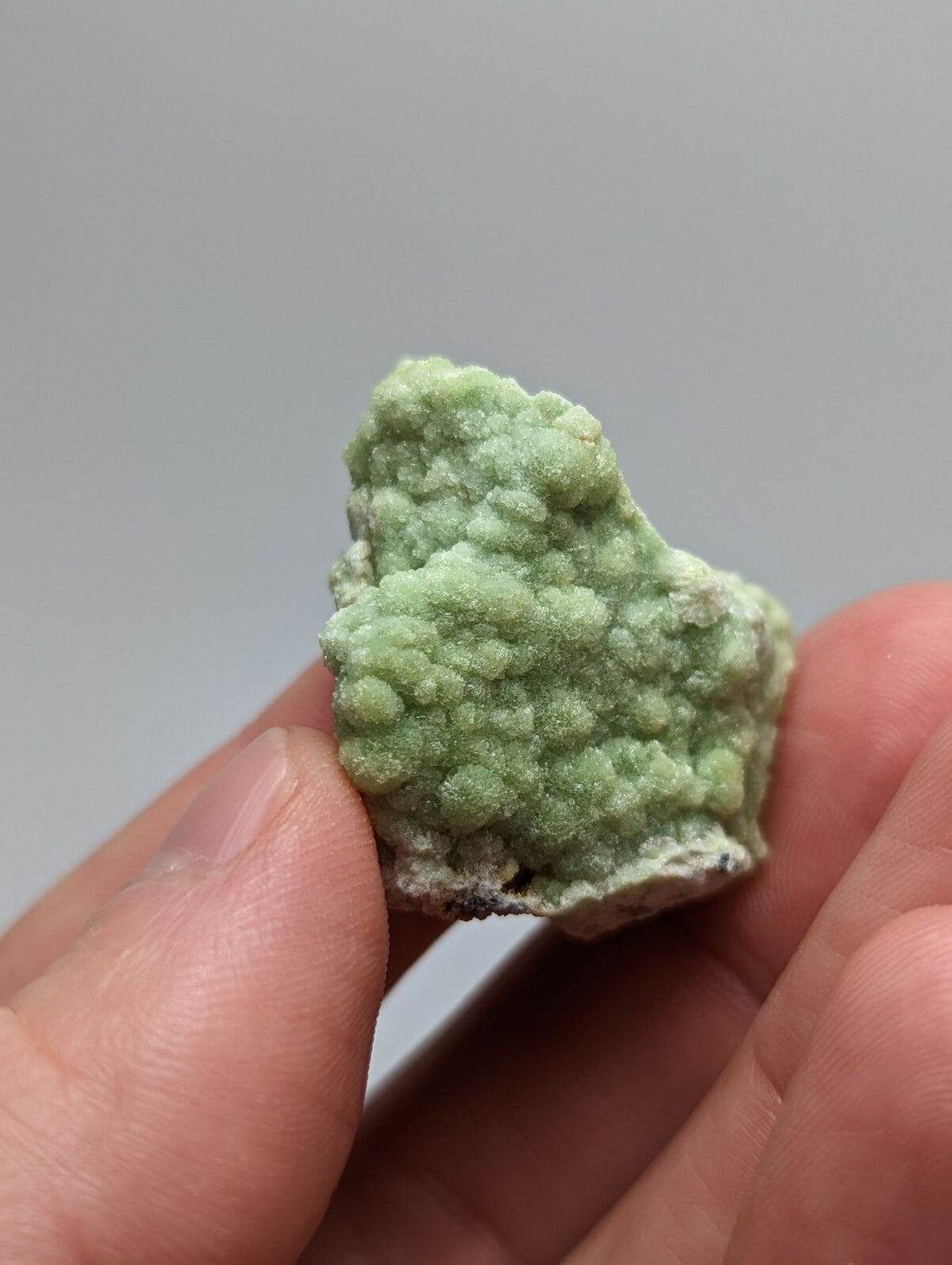 A light green, textured mineral specimen with a rough, bumpy surface and some white crystalline formations.