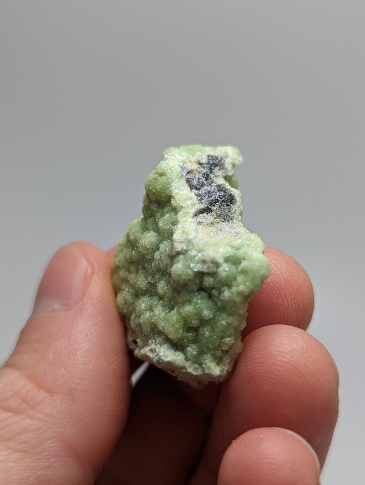 A light green, textured mineral specimen with a rough, crystalline surface and dark gray inclusions.